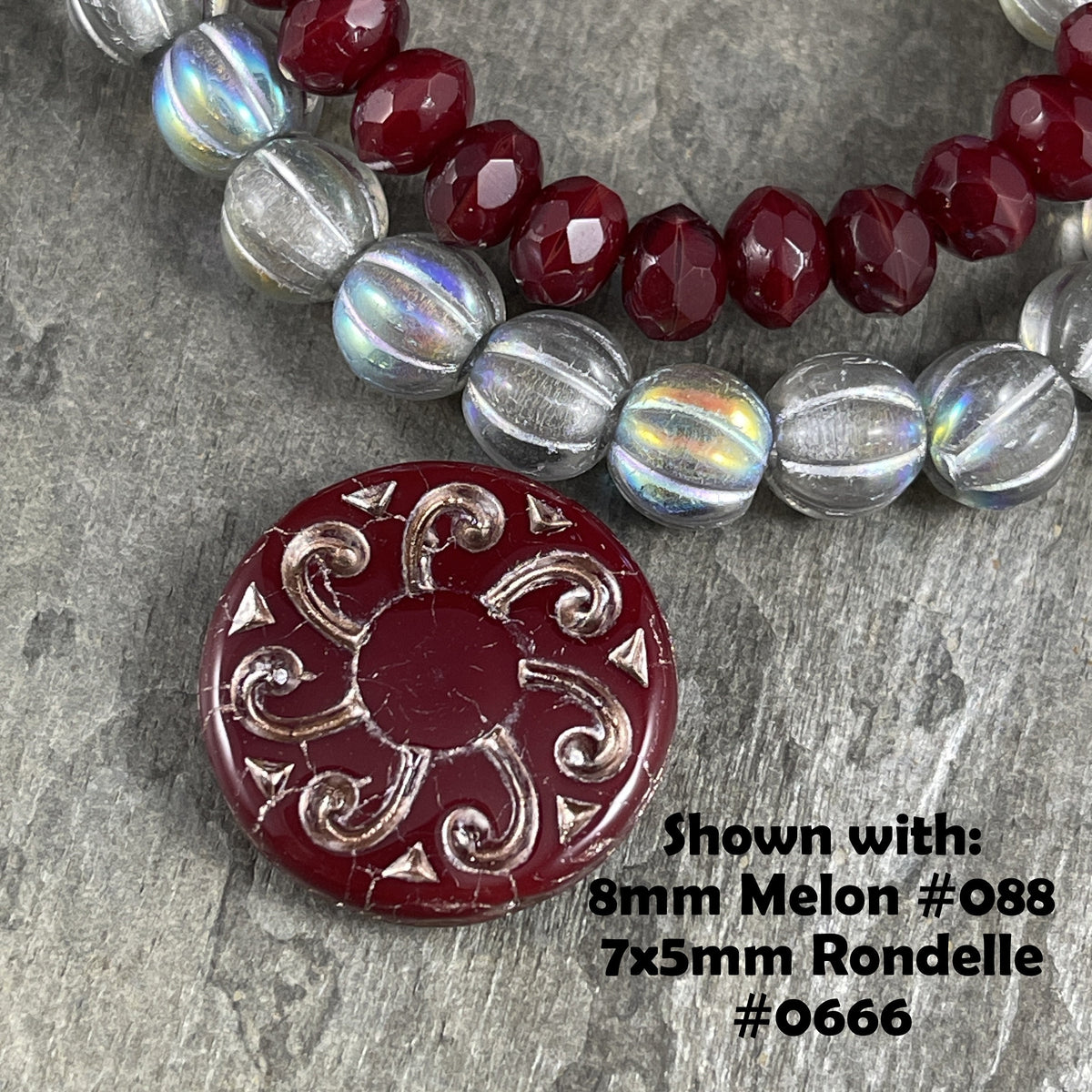 Czech Glass Beads - 23mm Sun Coin, Dark Red Opaline with Platinum Wash (C23/RJ-4784) *