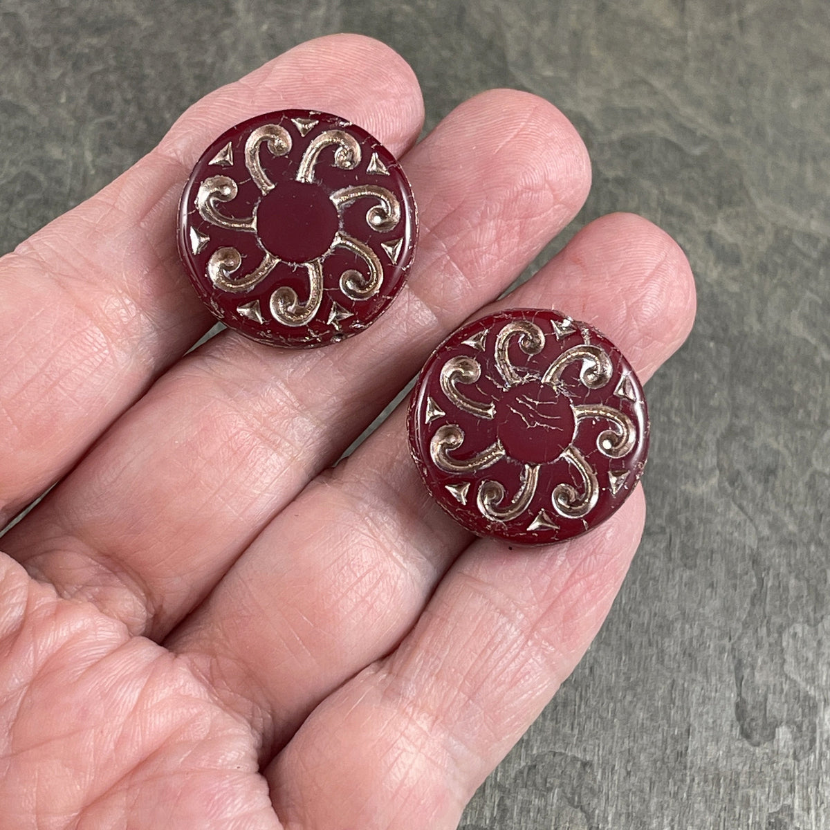 Czech Glass Beads - 23mm Sun Coin, Dark Red Opaline with Platinum Wash (C23/RJ-4784) *