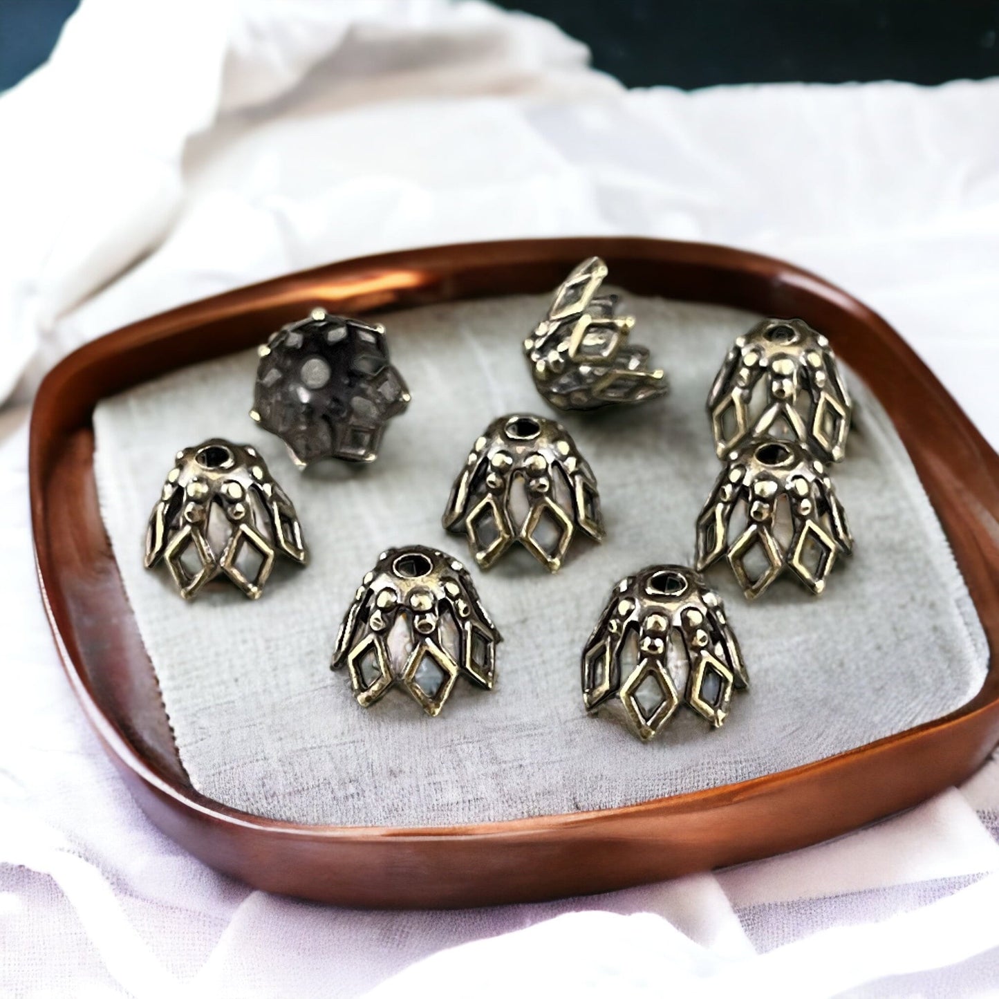 Filigree Basket Shape Bead Caps ~ 7x5mm Antiqued Brass Tapered Bead Caps for Teardrop Beads (BC-1088) *