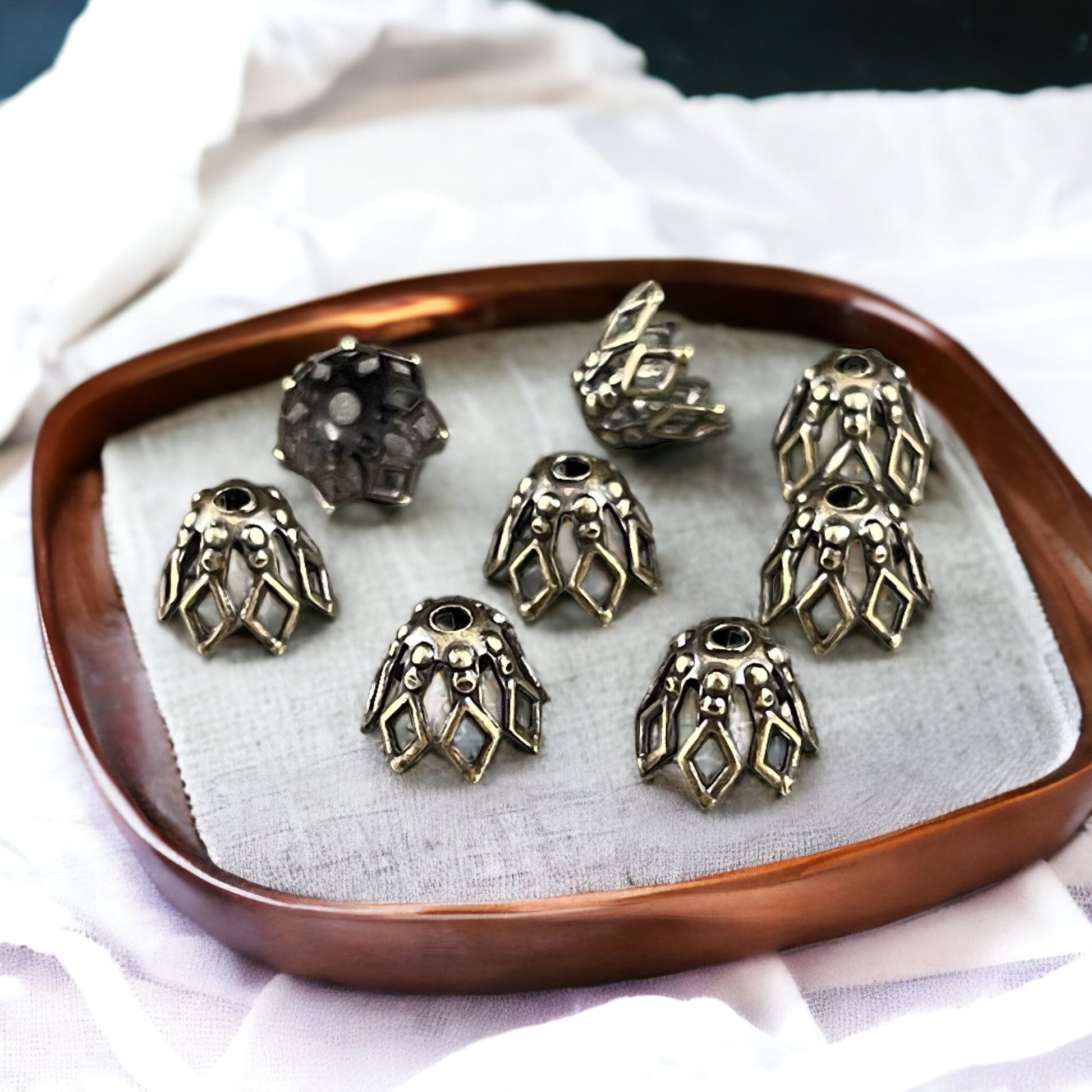 Filigree Basket Shape Bead Caps ~ 7x5mm Antiqued Brass Tapered Bead Caps for Teardrop Beads (BC-1088) *