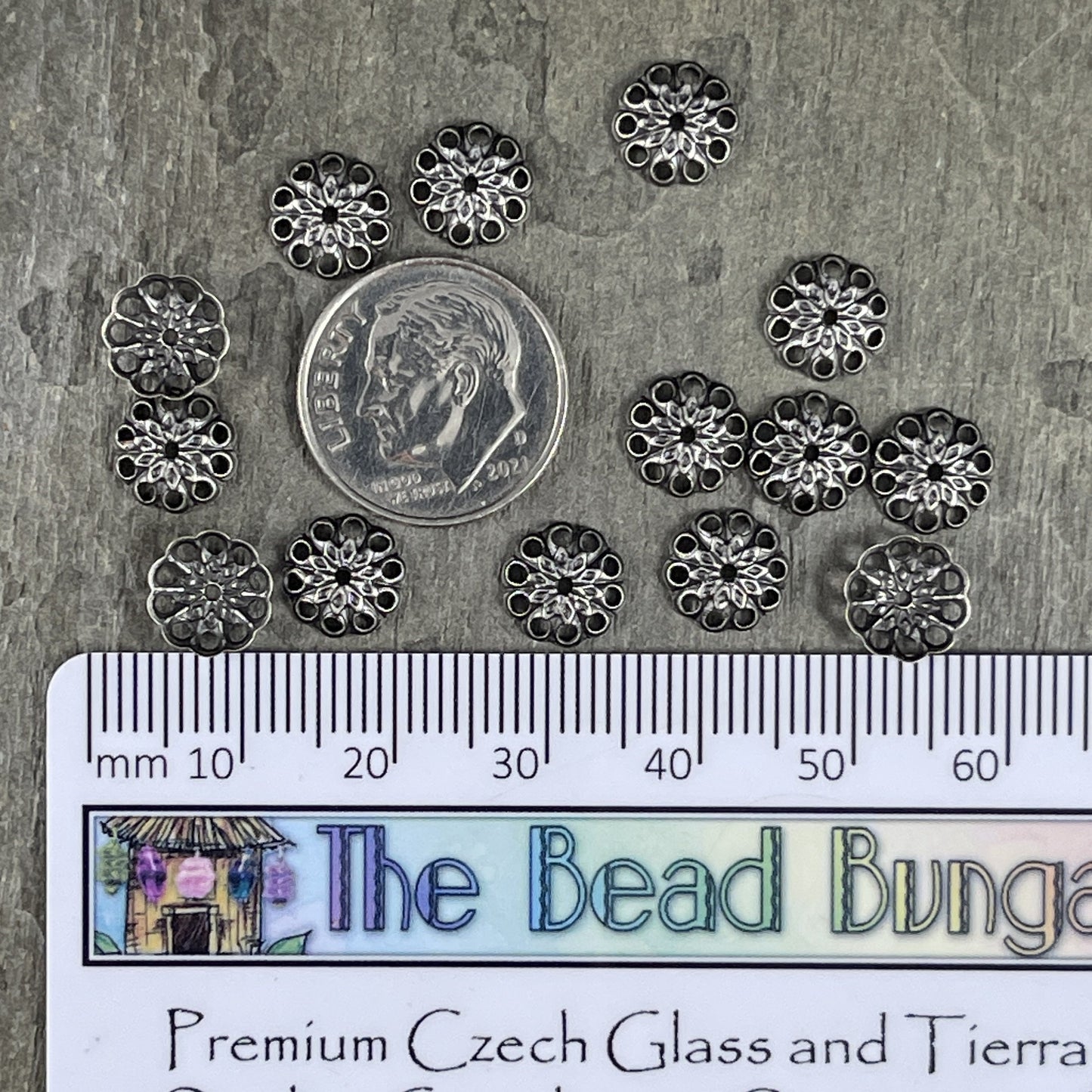 8mm Silver Bead Caps Filigree Bead Caps Low Profile Lacy Bead Caps Antiqued Silver Plated Brass Bead Caps (BC-5634) * Qty. 50