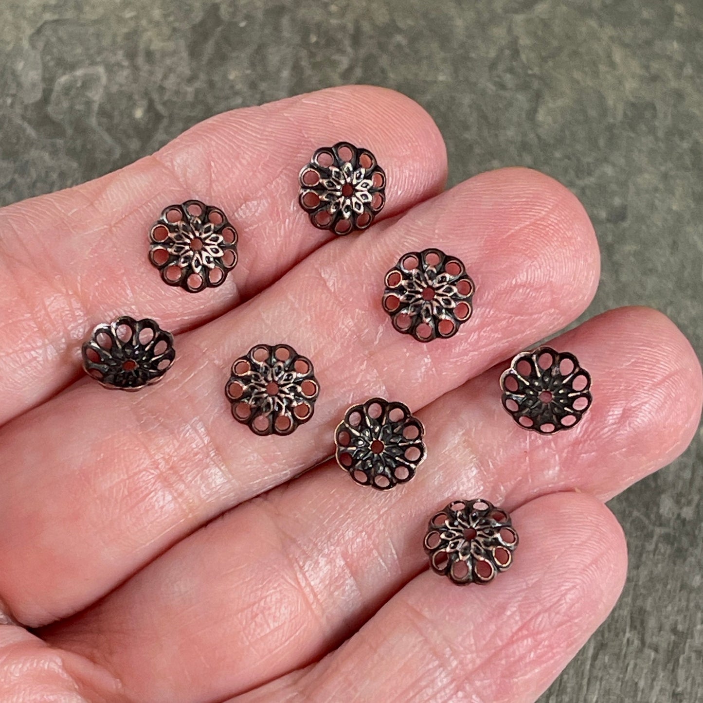 8mm Antiqued Copper Bead Caps - Filigree Bead Caps, Low Profile Lacy Bead Caps (BC-5638) * Qty. 50