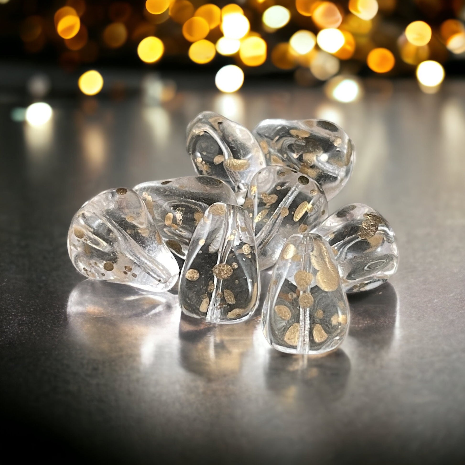 Czech Glass Beads - Crystal Teardrop with Gold Flecks ~ Elegant Teardrop Bead - Crystal Clear (Drop/RJ-4821) * Qty. 6