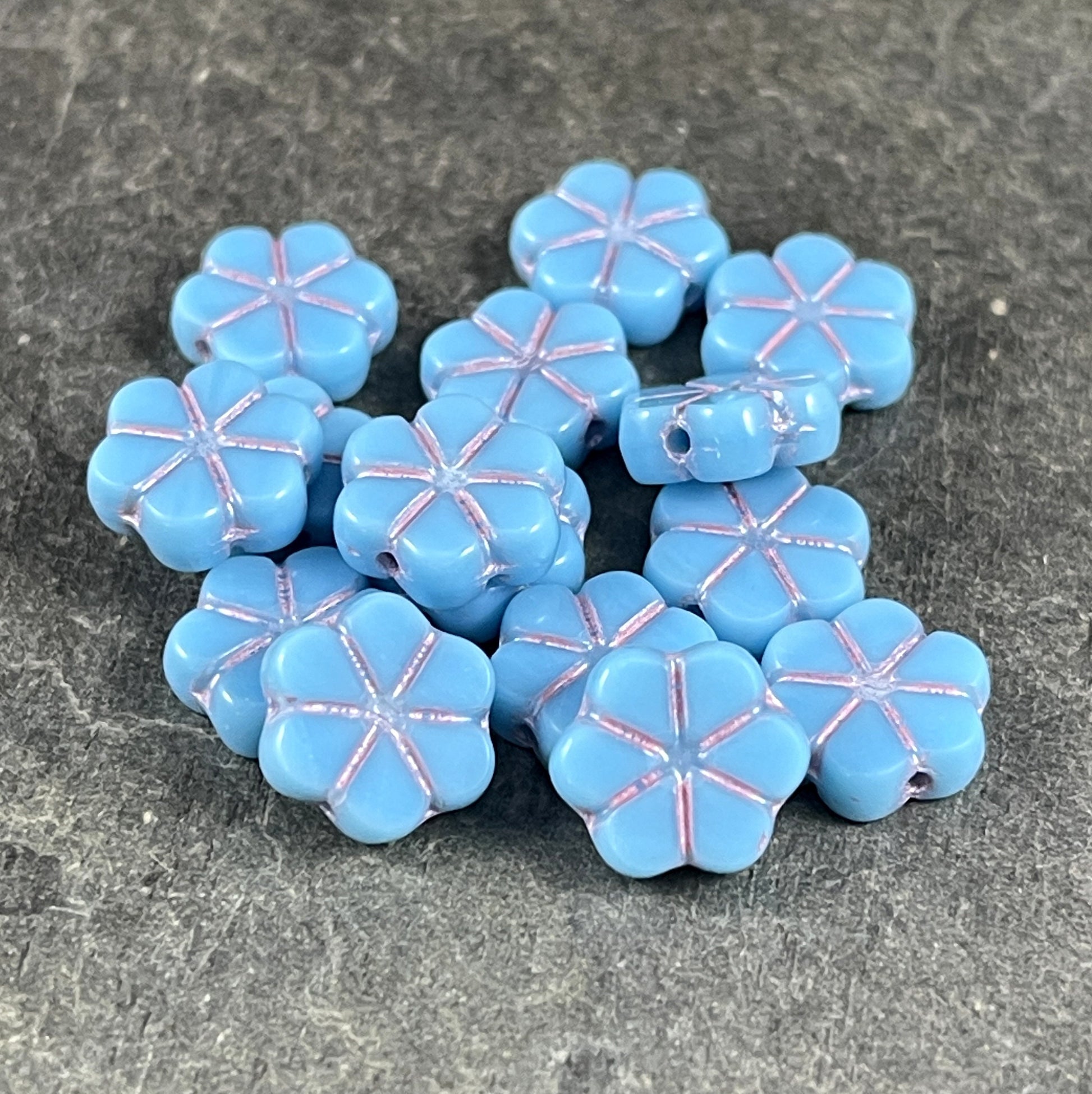 Czech Flower Beads 10mm Opaque Light Blue Flower Sky Blue with Pink Wash Czech Glass Beads (TCFMN-27) * Qty. 8