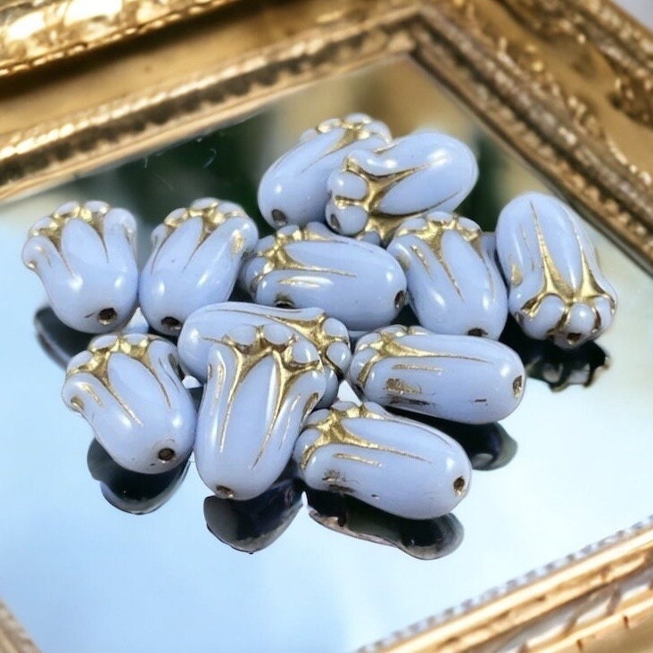 Czech Glass Beads - Opaque Light Blue Flower with Gold Wash, 12x8mm Lily Bud, Light Blue Czech Flower Bead (LBud26) * Qty. 12