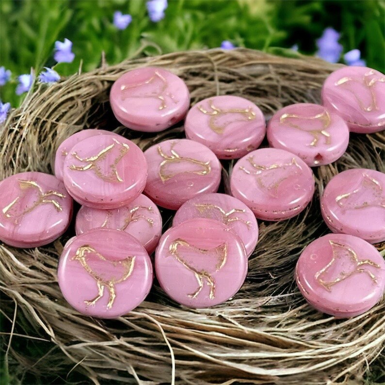 Czech Glass Beads - Pink Glass Beads Bird Theme Nature Beads Silky Pastel Pink Czech Beads 12mm Coin Beads (COIN/RJ-4718) * Qty. 10