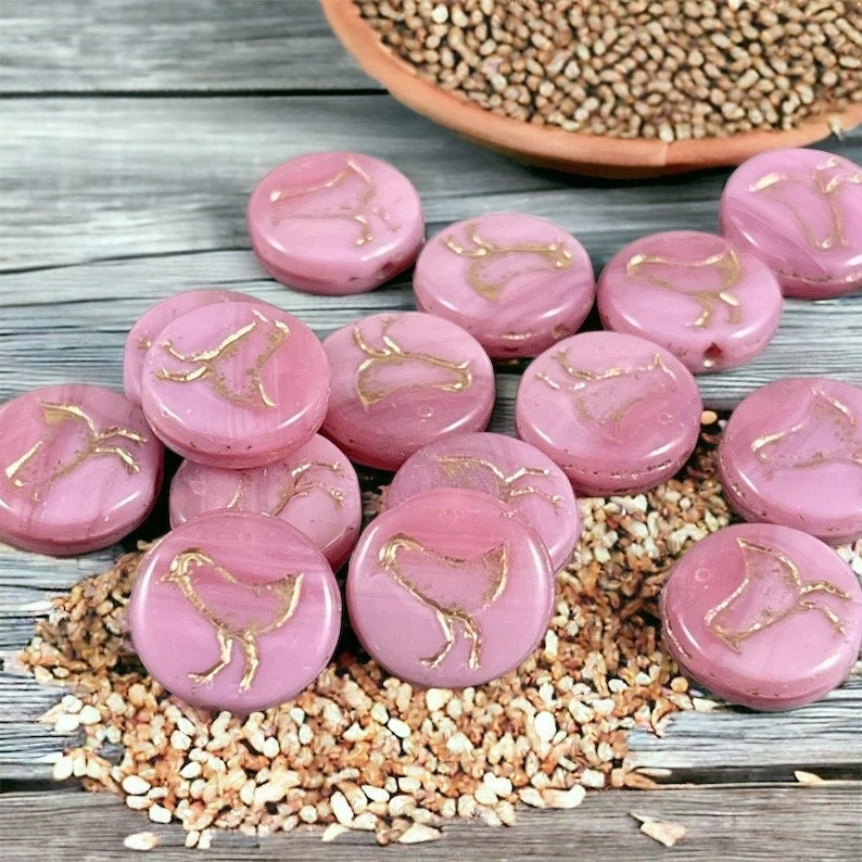 Czech Glass Beads - Pink Glass Beads, Bird Theme, Nature Beads, Silky Pastel Pink 12mm Coin Beads (COIN/RJ-4718) * Qty. 15