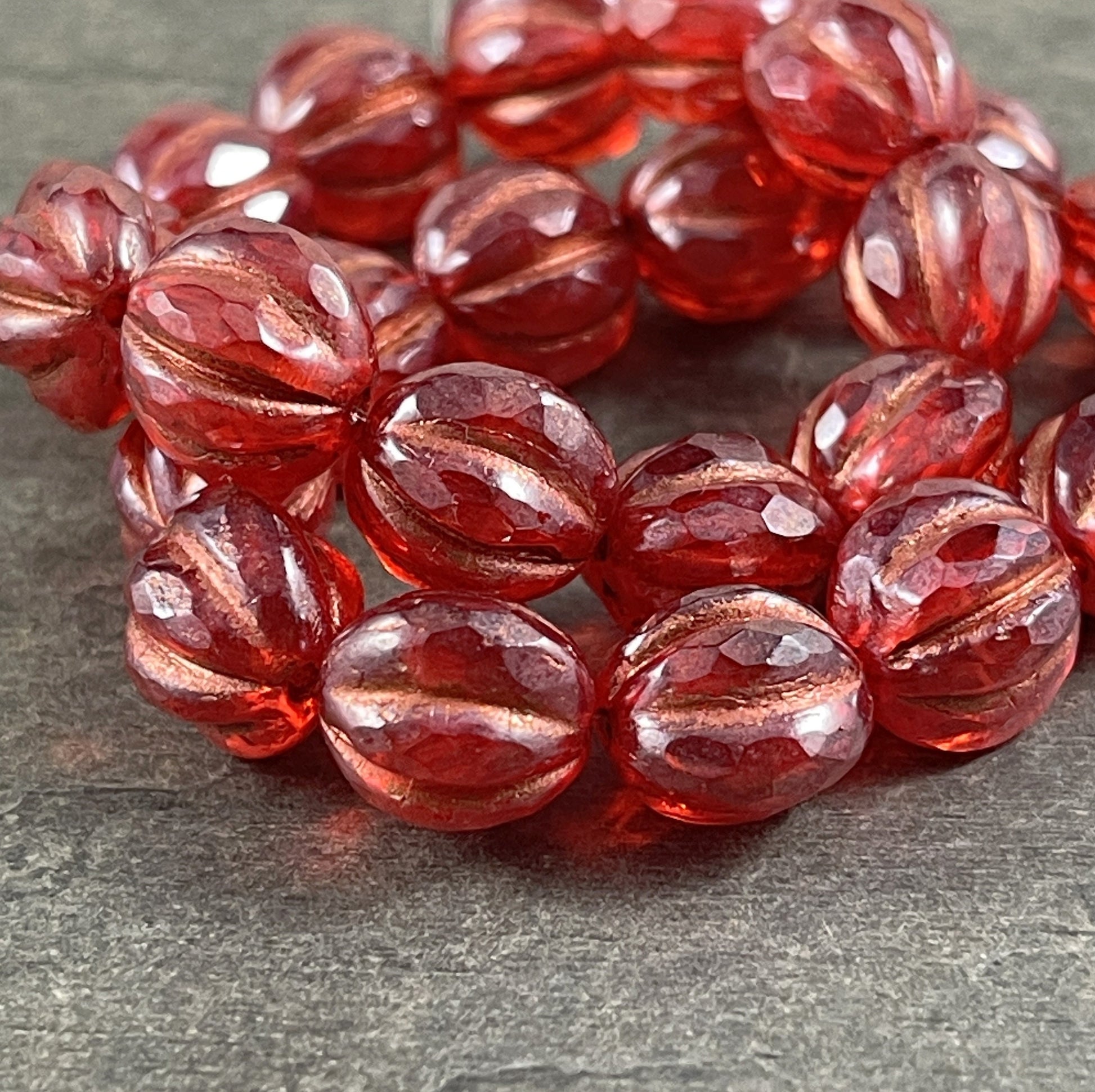 Ruby Red 10mm Faceted Melon with Luster Finish and Copper Wash ~ Czech Glass Beads 10mm Red Beads (FM10-1770) * Qty. 6