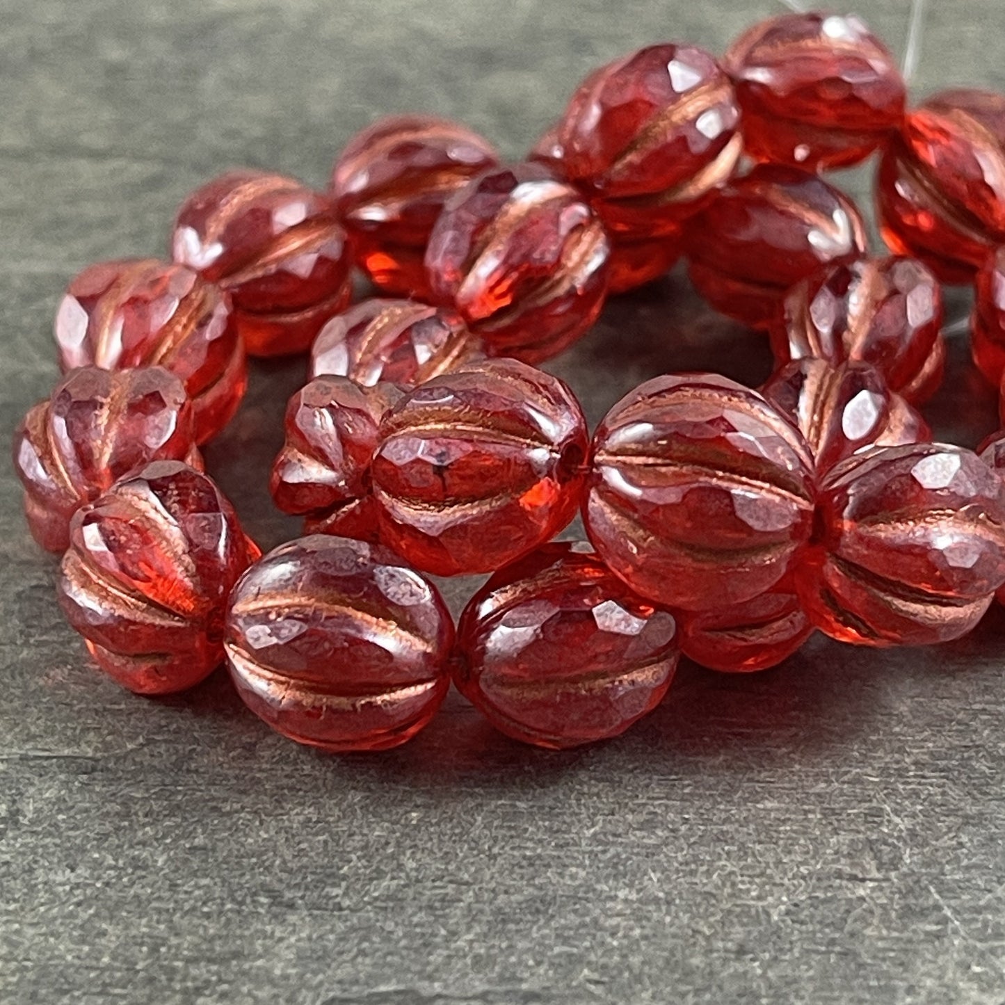 Ruby Red 10mm Faceted Melon with Luster Finish and Copper Wash ~ Czech Glass Beads 10mm Red Beads (FM10-1770) * Qty. 6