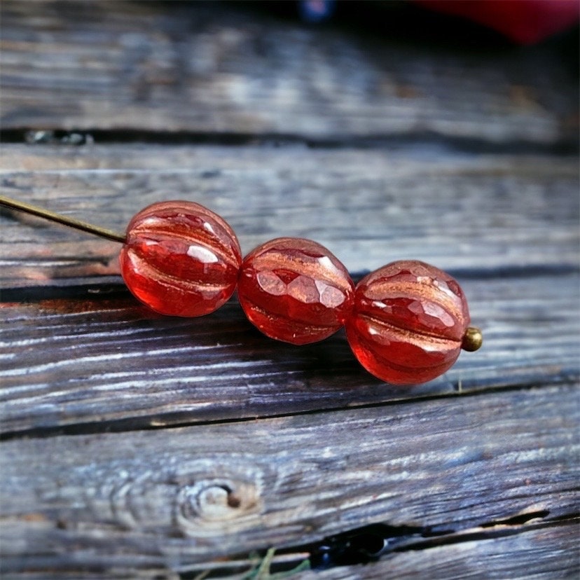 Ruby Red 10mm Faceted Melon with Luster Finish and Copper Wash ~ Czech Glass Beads 10mm Red Beads (FM10-1770) * Qty. 6