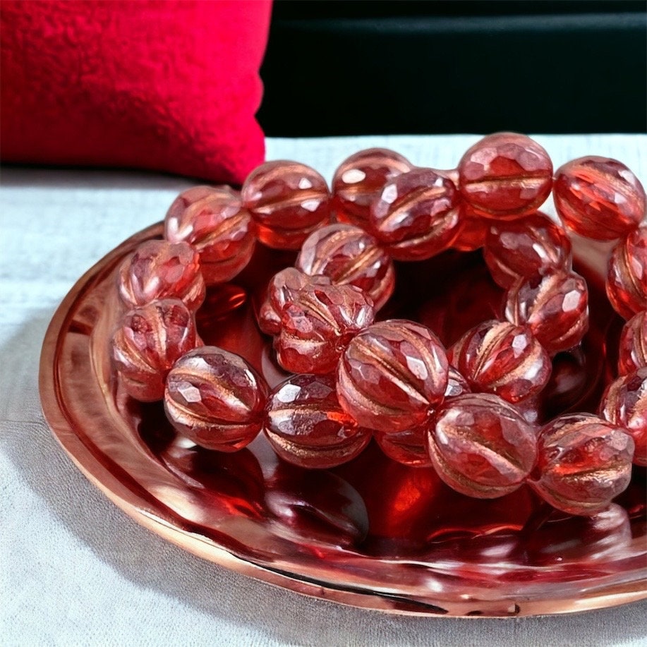 Ruby Red 10mm Faceted Melon with Luster Finish and Copper Wash ~ Czech Glass Beads 10mm Red Beads (FM10-1770) * Qty. 6