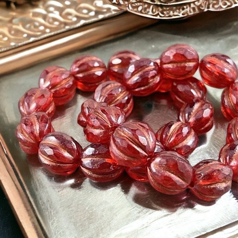 Ruby Red 10mm Faceted Melon with Luster Finish and Copper Wash ~ Czech Glass Beads 10mm Red Beads (FM10-1770) * Qty. 6