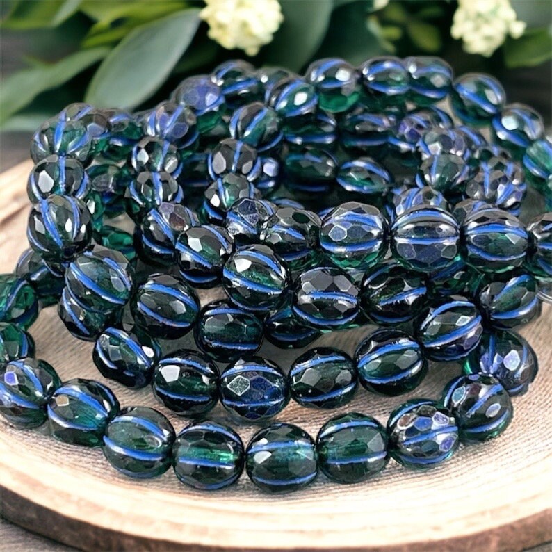 Czech Glass Beads - 8mm Faceted Blue Green Faceted Melon Shape Beads, Emerald and Cobalt with Blue Wash (8FM/N-1781) * Qty. 20