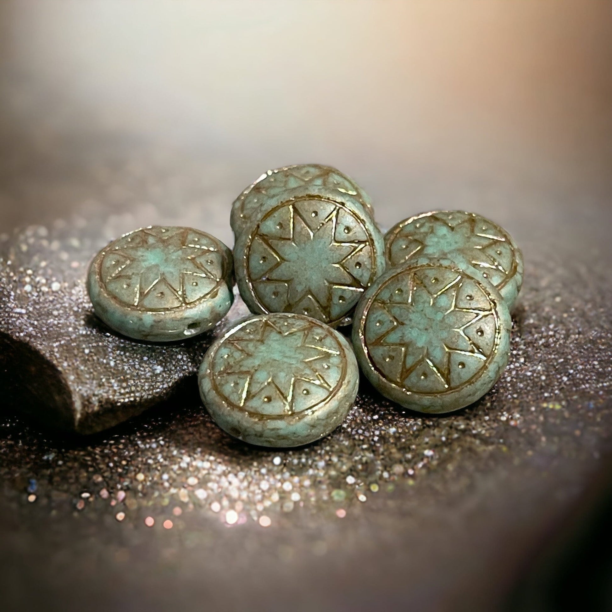 Czech Glass Beads - 14mm Star of Ishtar, Matte Jade Green with AB Finish (PSOI-1) * Qty. 6