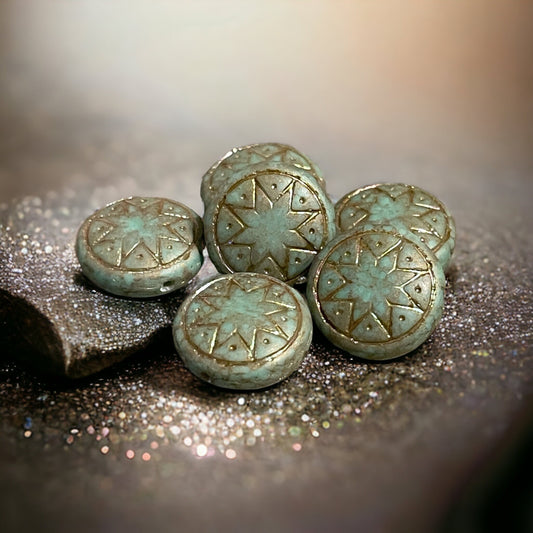 Czech Glass Beads - 14mm Star of Ishtar, Matte Jade Green with AB Finish (PSOI-1) * Qty. 6