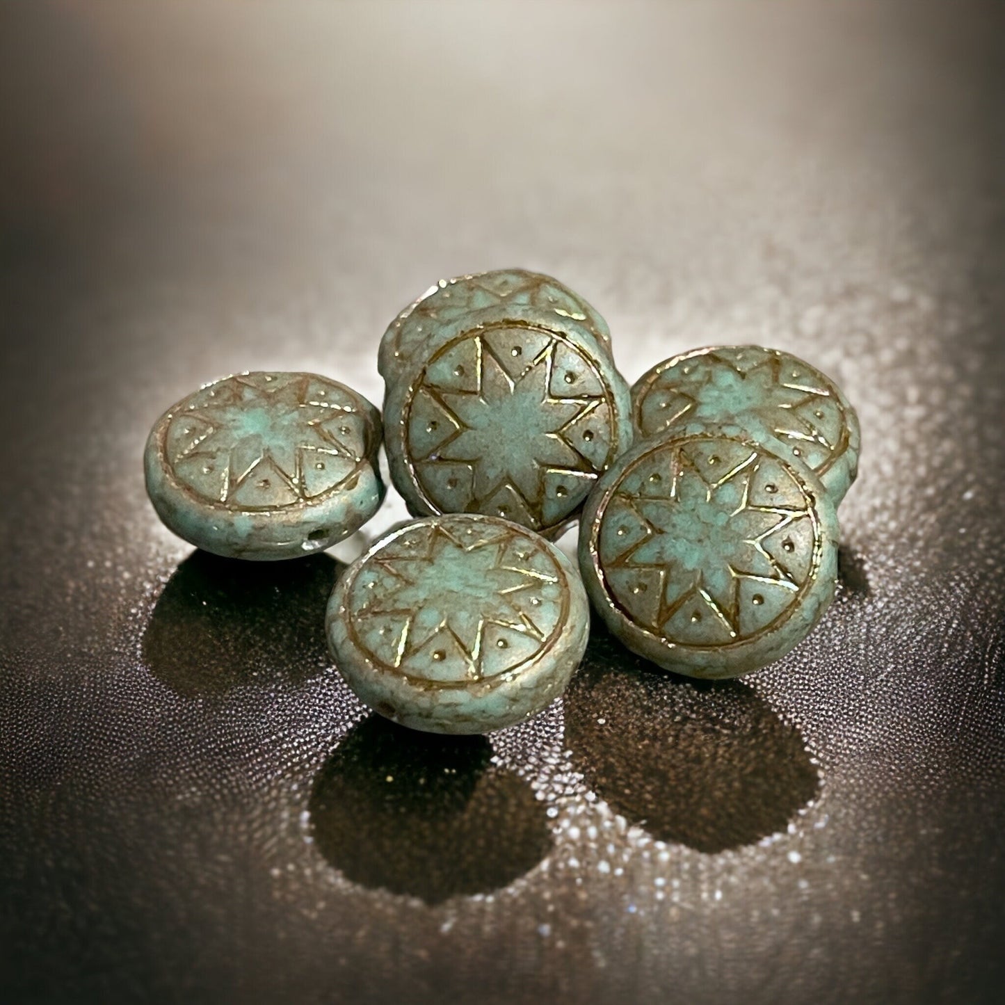 Czech Glass Beads - 14mm Star of Ishtar, Matte Jade Green with AB Finish (PSOI-1) * Qty. 6