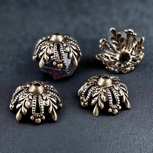 Antiqued Brass 12mm Bead Caps - Ornate Victorian Floral Filigree (VJS/BB83) * Qty. 6