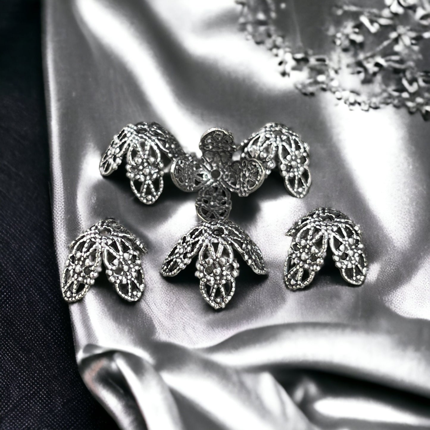 9mm Oxidized Silver Bead Caps ~ Bendable, Filigree Bead Caps ~ Oxidized Sterling Silver Plated Brass (VJS-BB68) * Qty. 6
