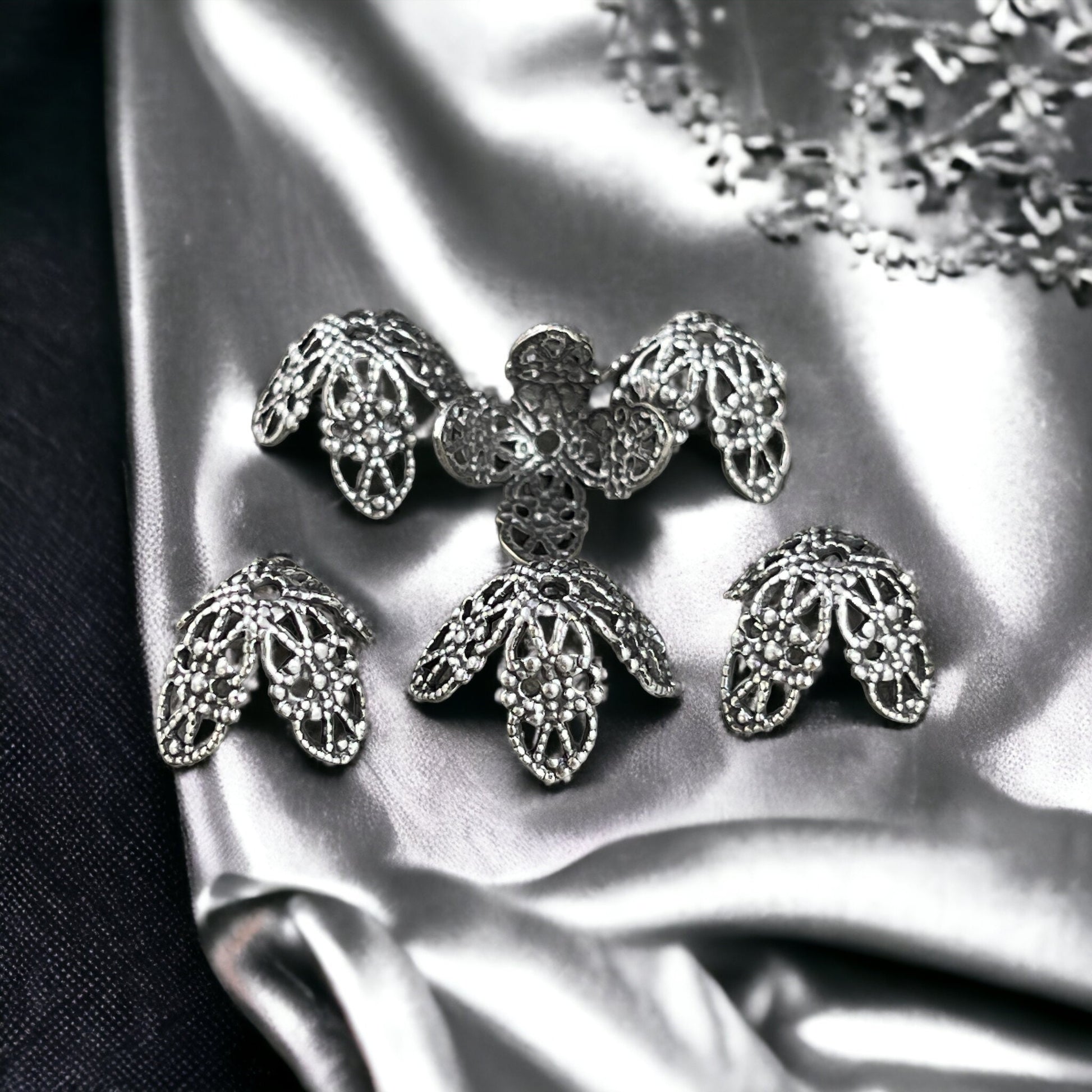 9mm Oxidized Silver Bead Caps ~ Bendable, Filigree Bead Caps ~ Oxidized Sterling Silver Plated Brass (VJS-BB68) * Qty. 6
