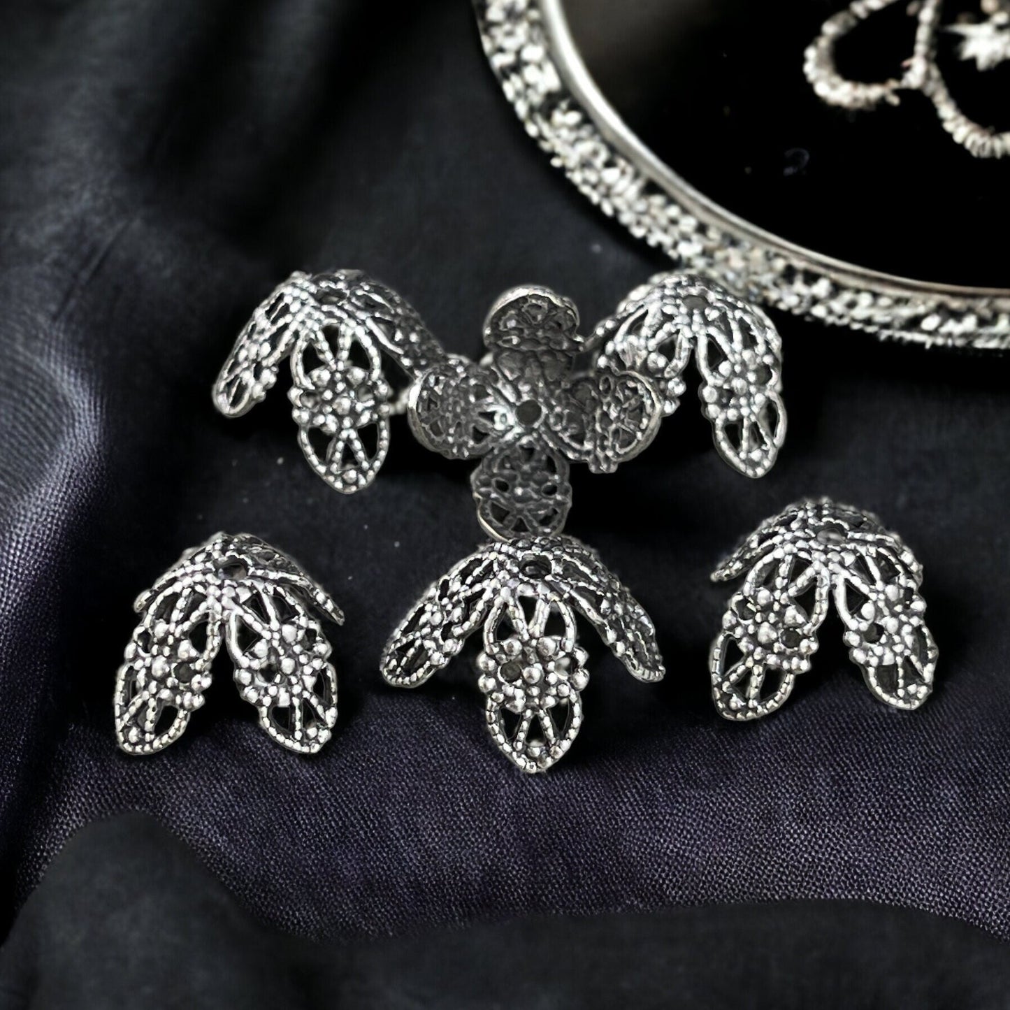 9mm Oxidized Silver Bead Caps ~ Bendable, Filigree Bead Caps ~ Oxidized Sterling Silver Plated Brass (VJS-BB68) * Qty. 6