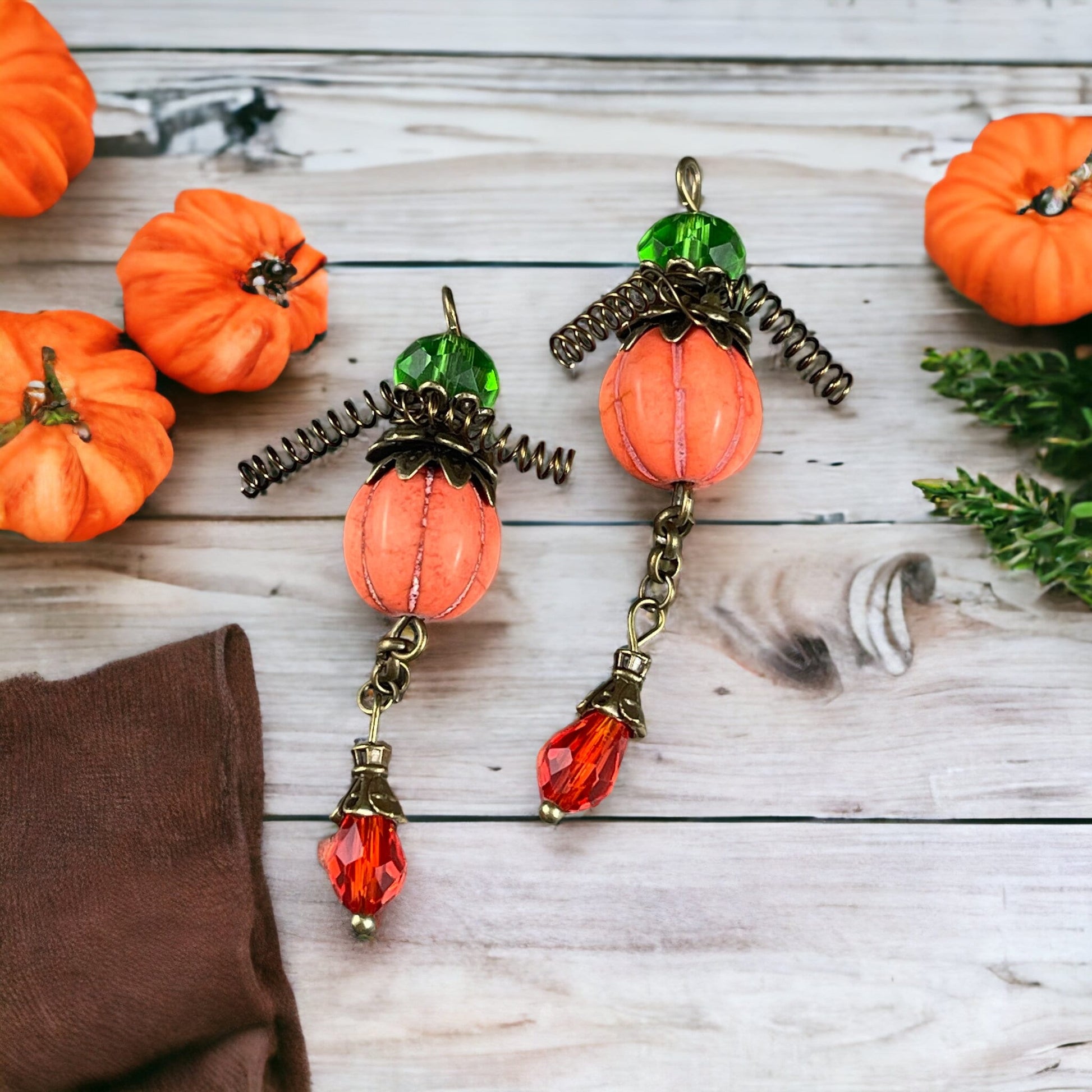 Pumpkin Earring Drops Just add Ear Wires -- 11mm Orange Howlite Melon Bead with Bead Caps and Coordinating Glass Beads - 1 Set