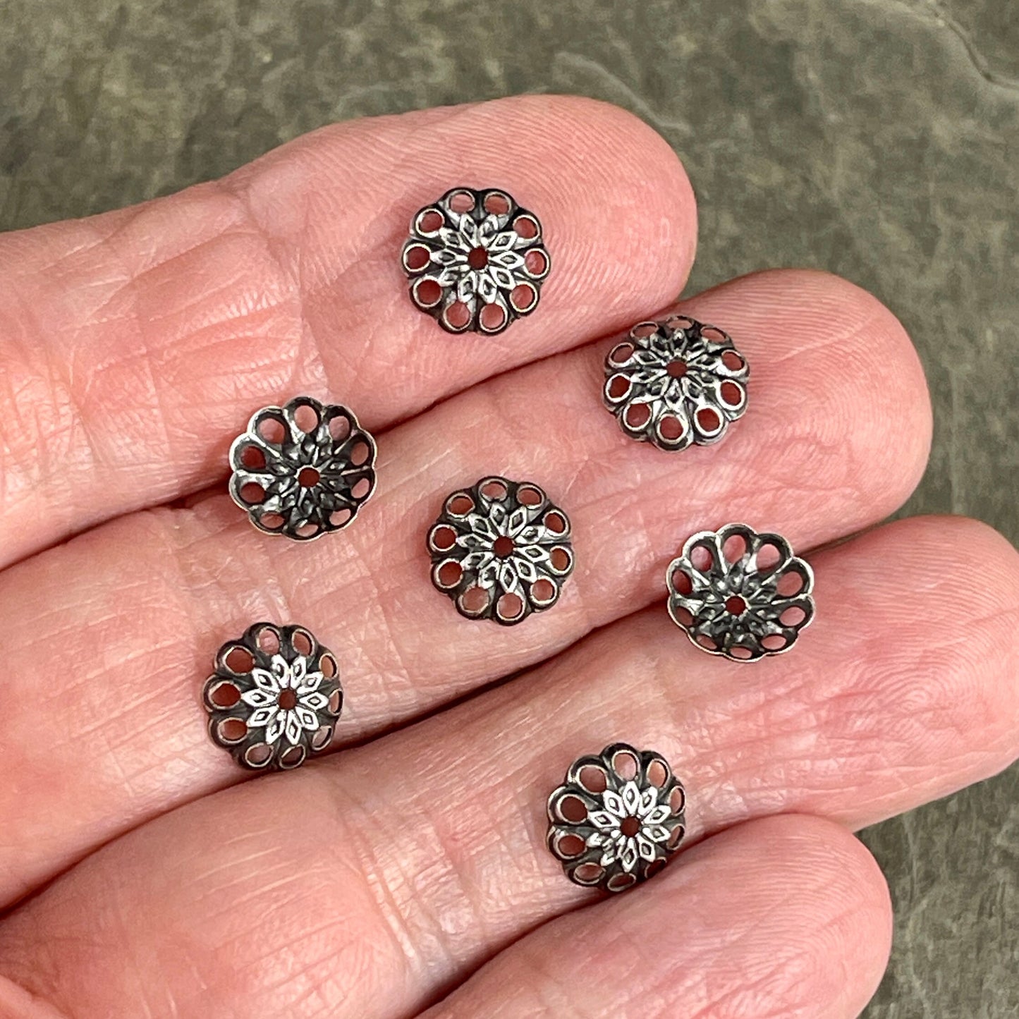 8mm Silver Bead Caps Filigree Bead Caps Low Profile Lacy Bead Caps Antiqued Silver Plated Brass Bead Caps (BC-5634) * Qty. 30