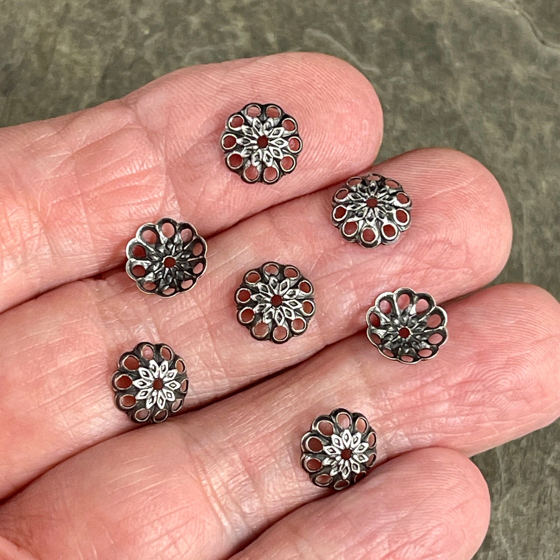 8mm Silver Bead Caps Filigree Bead Caps Low Profile Lacy Bead Caps Antiqued Silver Plated Brass Bead Caps (BC-5634) * Qty. 30