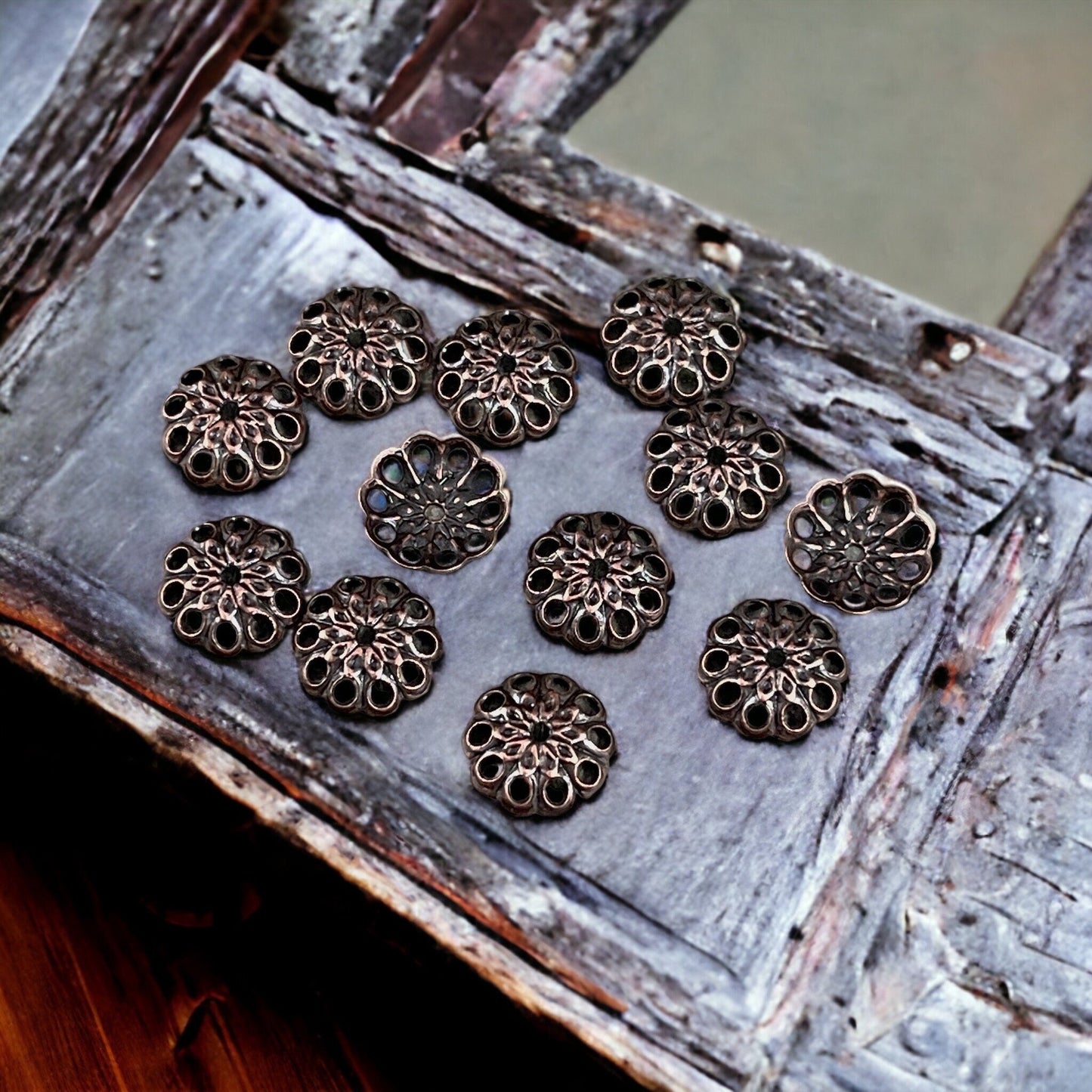 8mm Antiqued Copper Bead Caps - Filigree Bead Caps, Low Profile Lacy Bead Caps (BC-5638) * Qty. 50