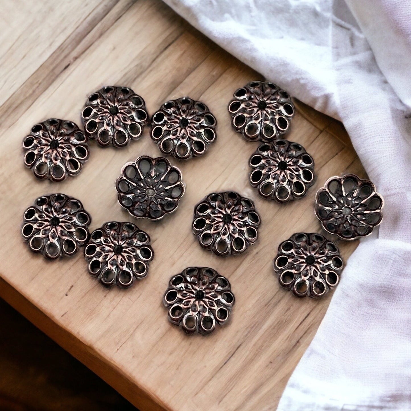 8mm Antiqued Copper Bead Caps - Filigree Bead Caps, Low Profile Lacy Bead Caps (BC-5638) * Qty. 50