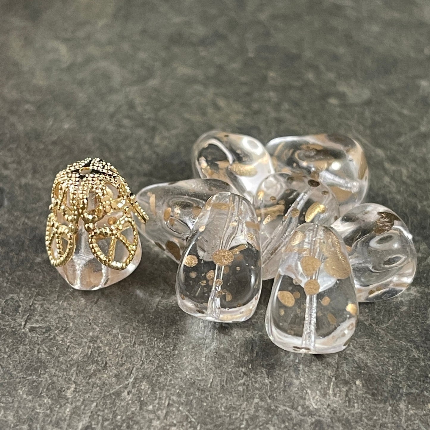 Czech Glass Beads - Crystal Teardrop with Gold Flecks ~ Elegant Teardrop Bead - Crystal Clear (Drop/RJ-4821) * Qty. 6