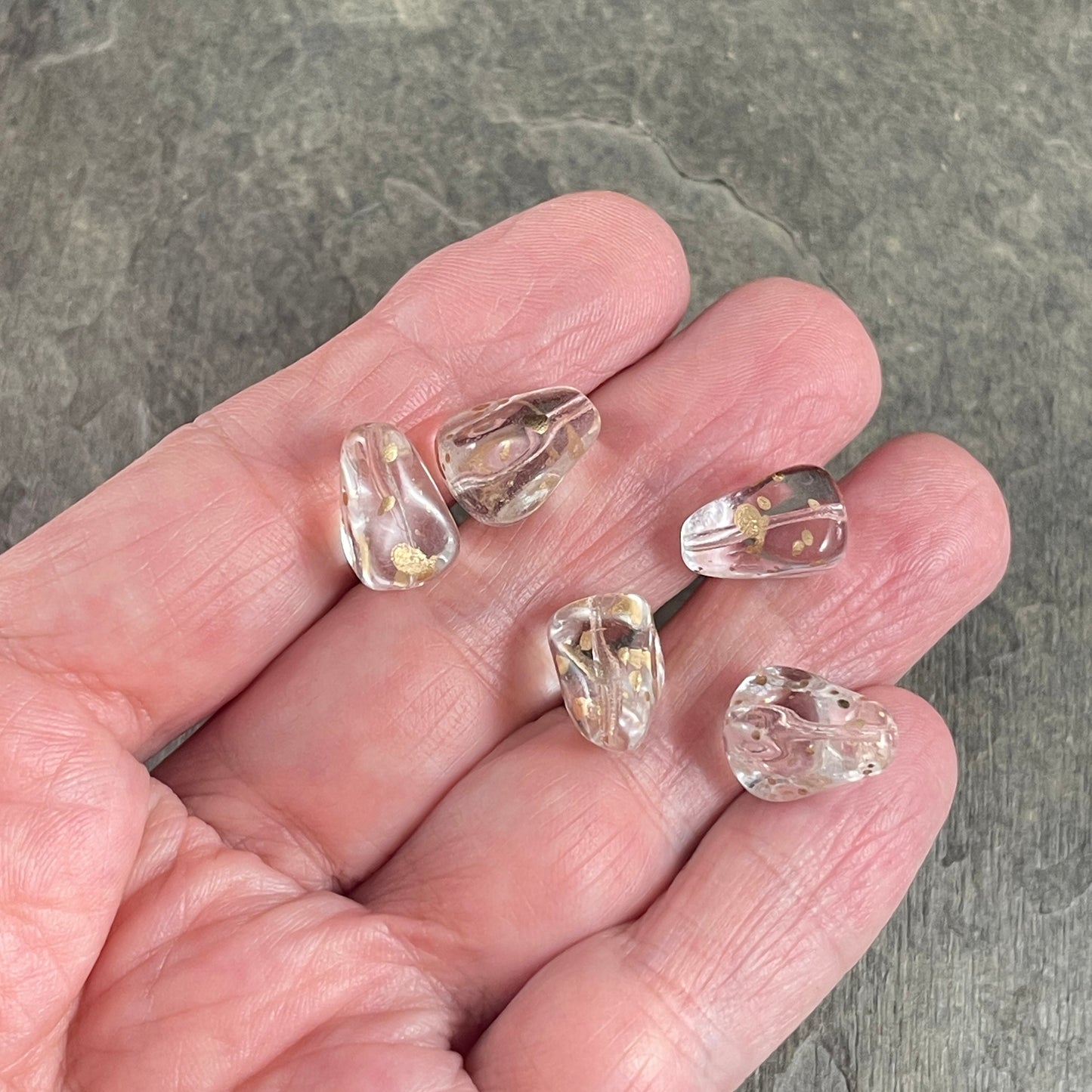Czech Glass Beads - Crystal Teardrop with Gold Flecks ~ Elegant Teardrop Bead - Crystal Clear (Drop/RJ-4821) * Qty. 6