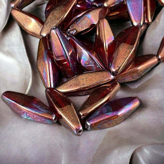 20x9mm Metallic Red Rhombus, Elongated Spindle Beads, Dark Red Glass with Purple Finish (RHO/1796) * 6 Beads