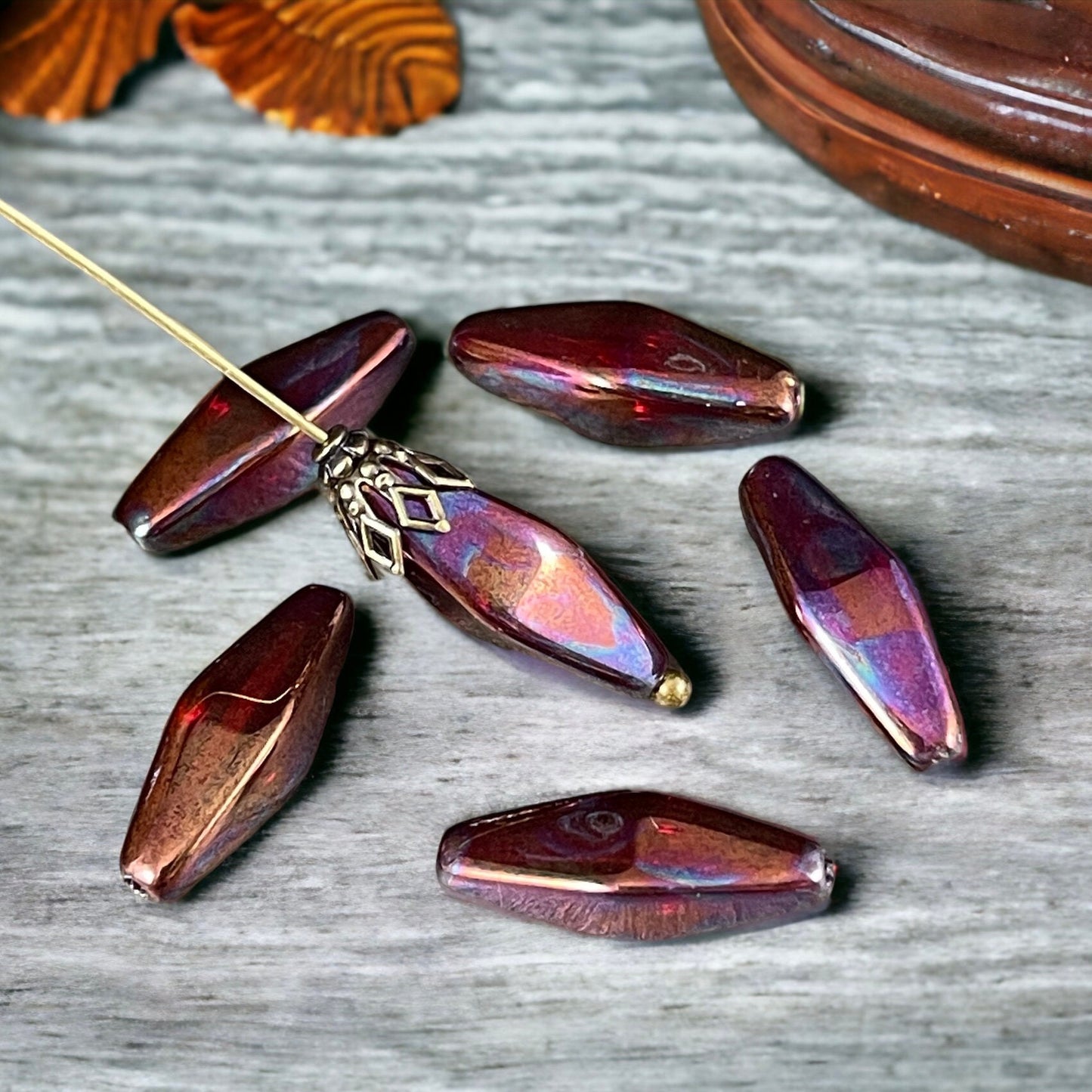 20x9mm Metallic Red Rhombus, Elongated Spindle Beads, Dark Red Glass with Purple Finish (RHO/1796) * 6 Beads