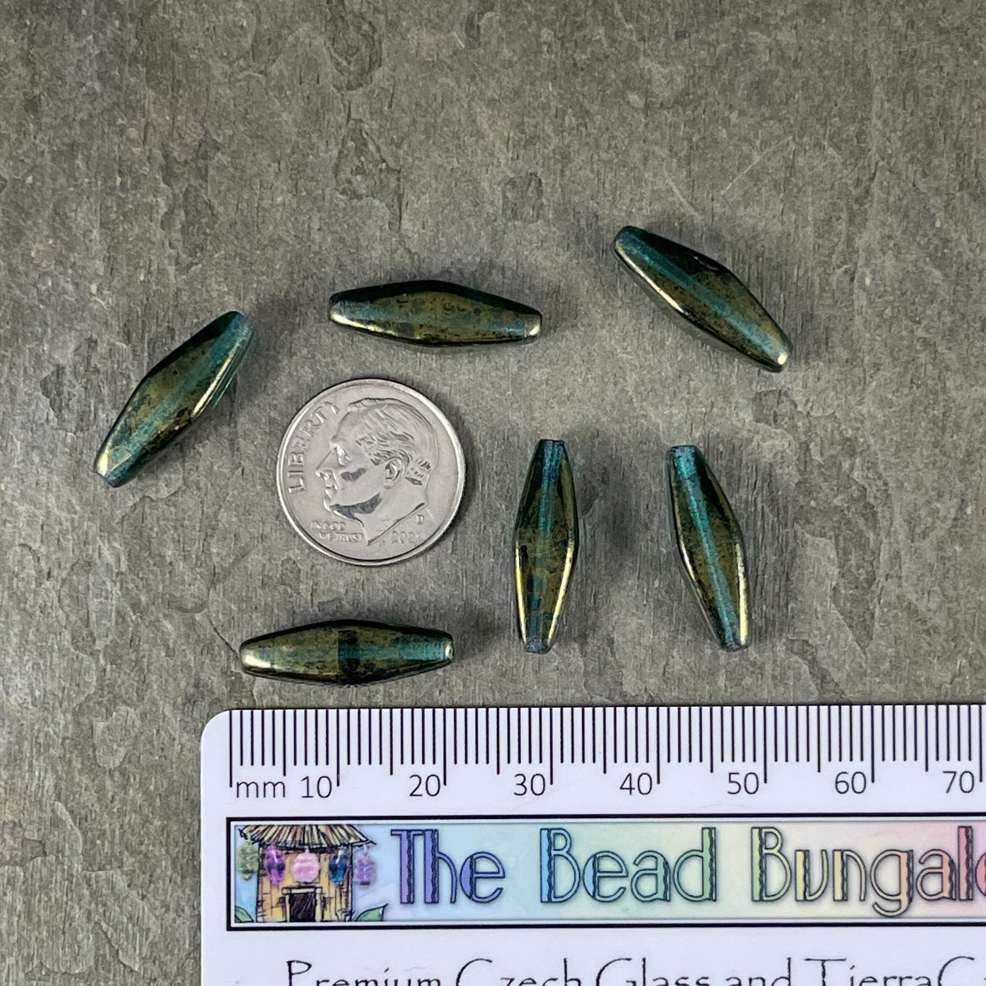 20x9mm Emerald Green Rhombus ~ Elongated Czech Glass Spindle Beads ~ Green with Golden Luster Finish (RHO/1866) * Qty. 6 Beads