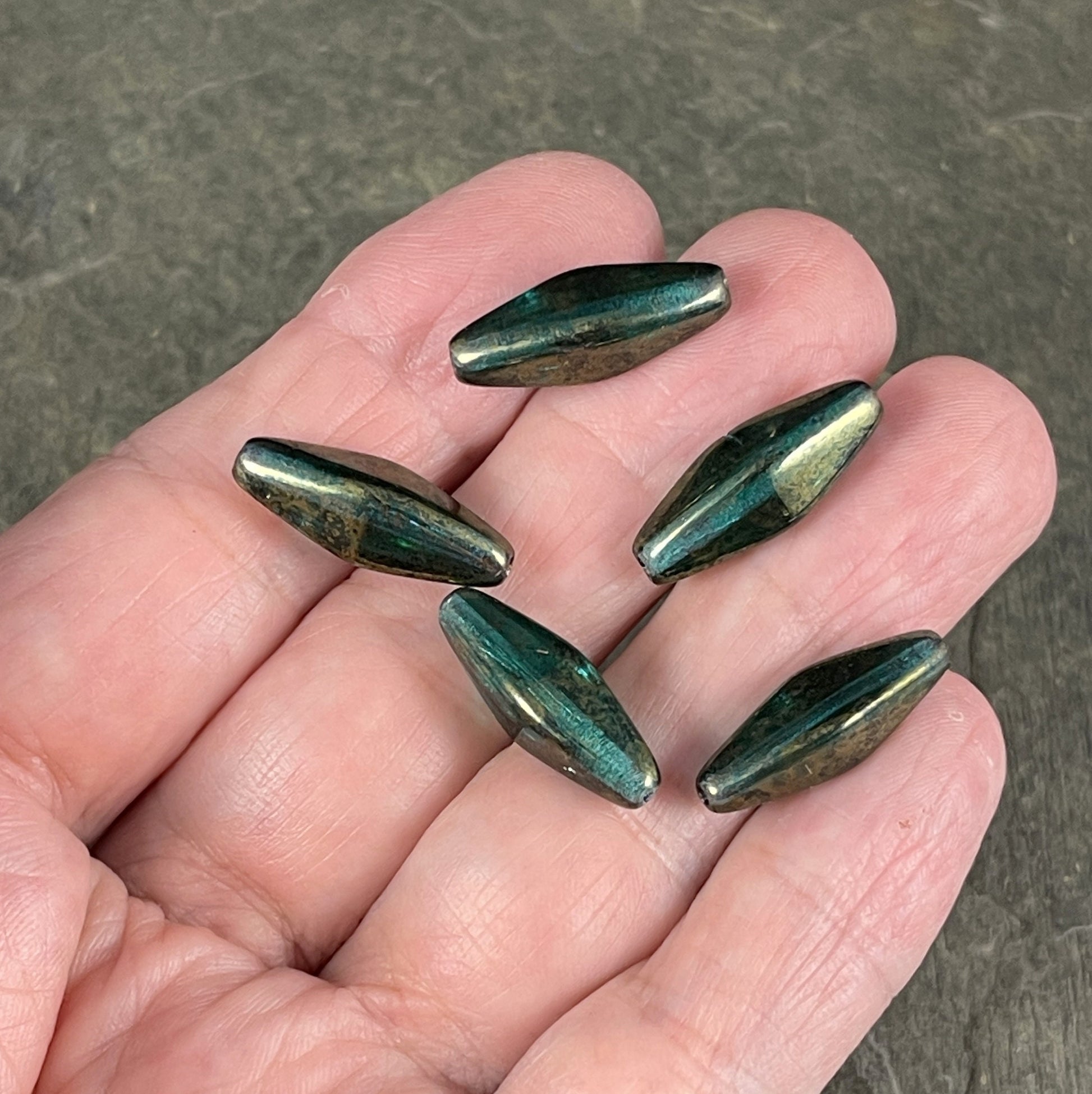20x9mm Emerald Green Rhombus ~ Elongated Czech Glass Spindle Beads ~ Green with Golden Luster Finish (RHO/1866) * Qty. 6 Beads