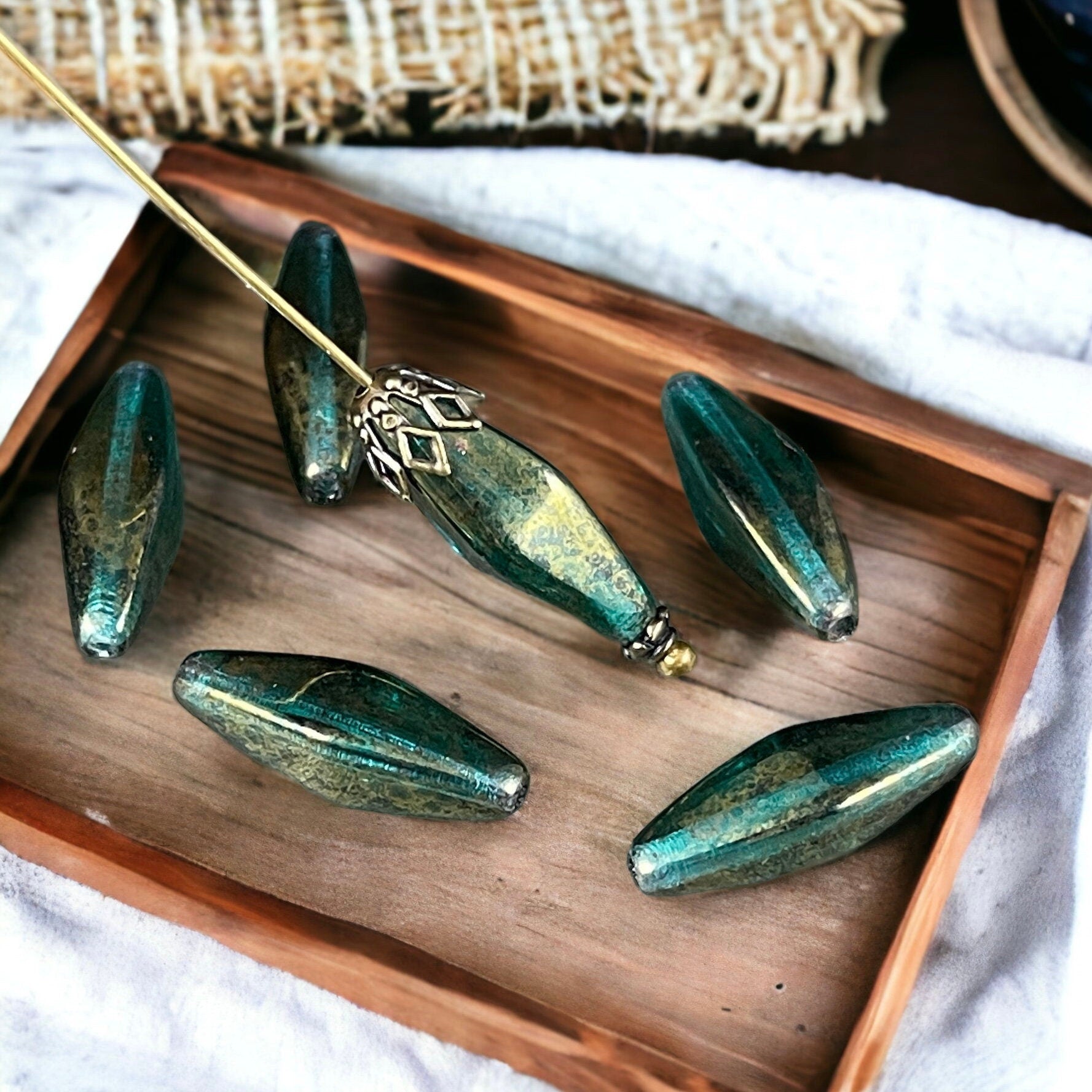 20x9mm Emerald Green Rhombus ~ Elongated Czech Glass Spindle Beads ~ Green with Golden Luster Finish (RHO/1866) * Qty. 6 Beads