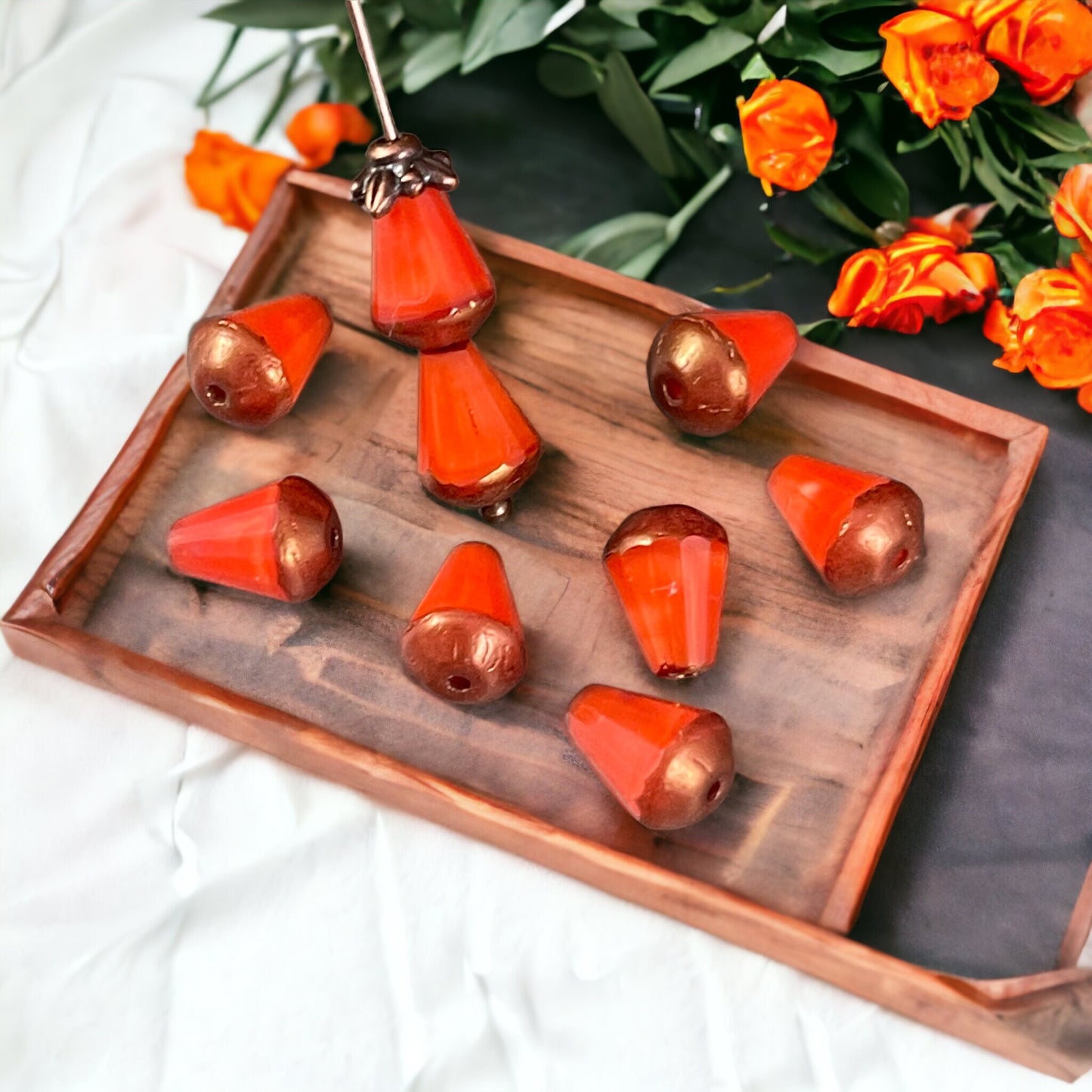 Czech Glass Beads - 8mm Beveled Orange Teardrop Beads ~ Bright Orange Silk Teardrop with Copper Picasso (DRO/RJ-2078) * Qty. 15