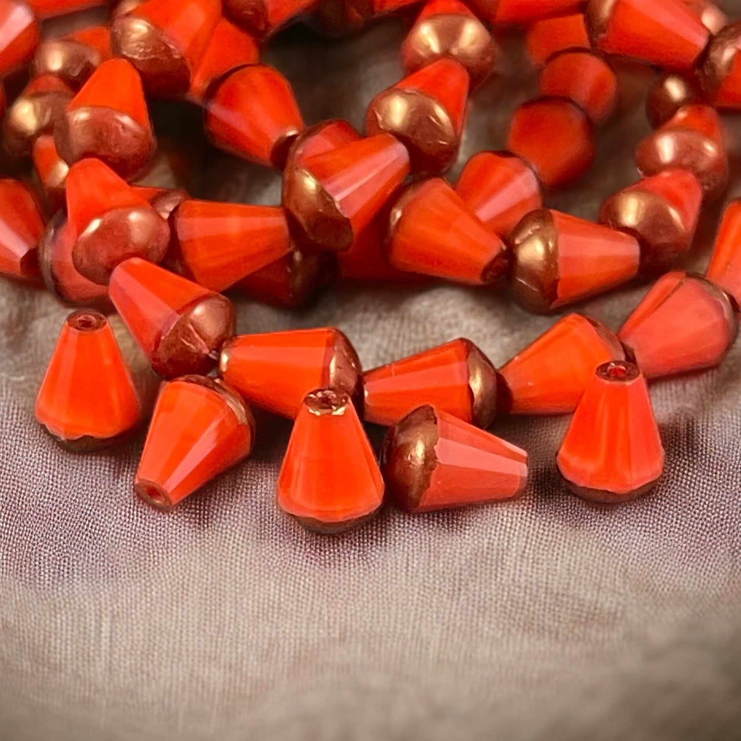 Czech Glass Beads - 8mm Beveled Orange Teardrop Beads ~ Bright Orange Silk Teardrop with Copper Picasso (DRO/RJ-2078) * Qty. 15