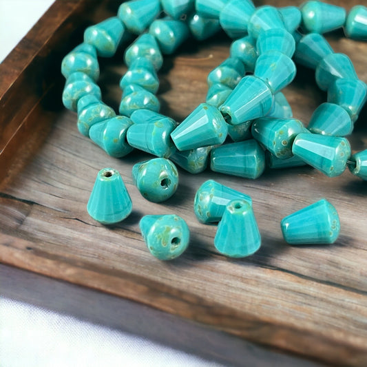 Czech Glass Beads - 8mm Turquoise Beveled Tear Drops, Faceted Turquoise Teardrop with Light Picasso (DRO/RJ-2461) * Qty. 15