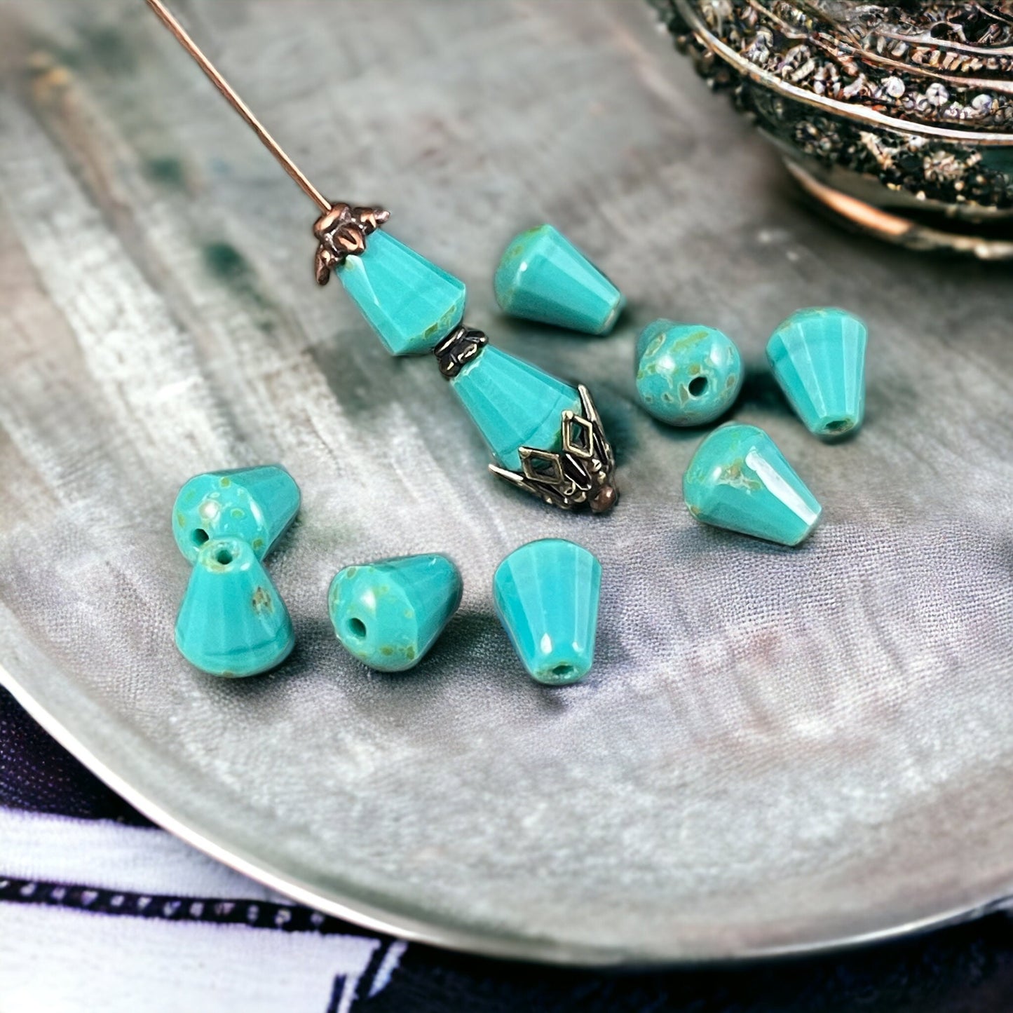 Czech Glass Beads - 8mm Turquoise Beveled Tear Drops, Faceted Turquoise Teardrop with Light Picasso (DRO/RJ-2461) * Qty. 15