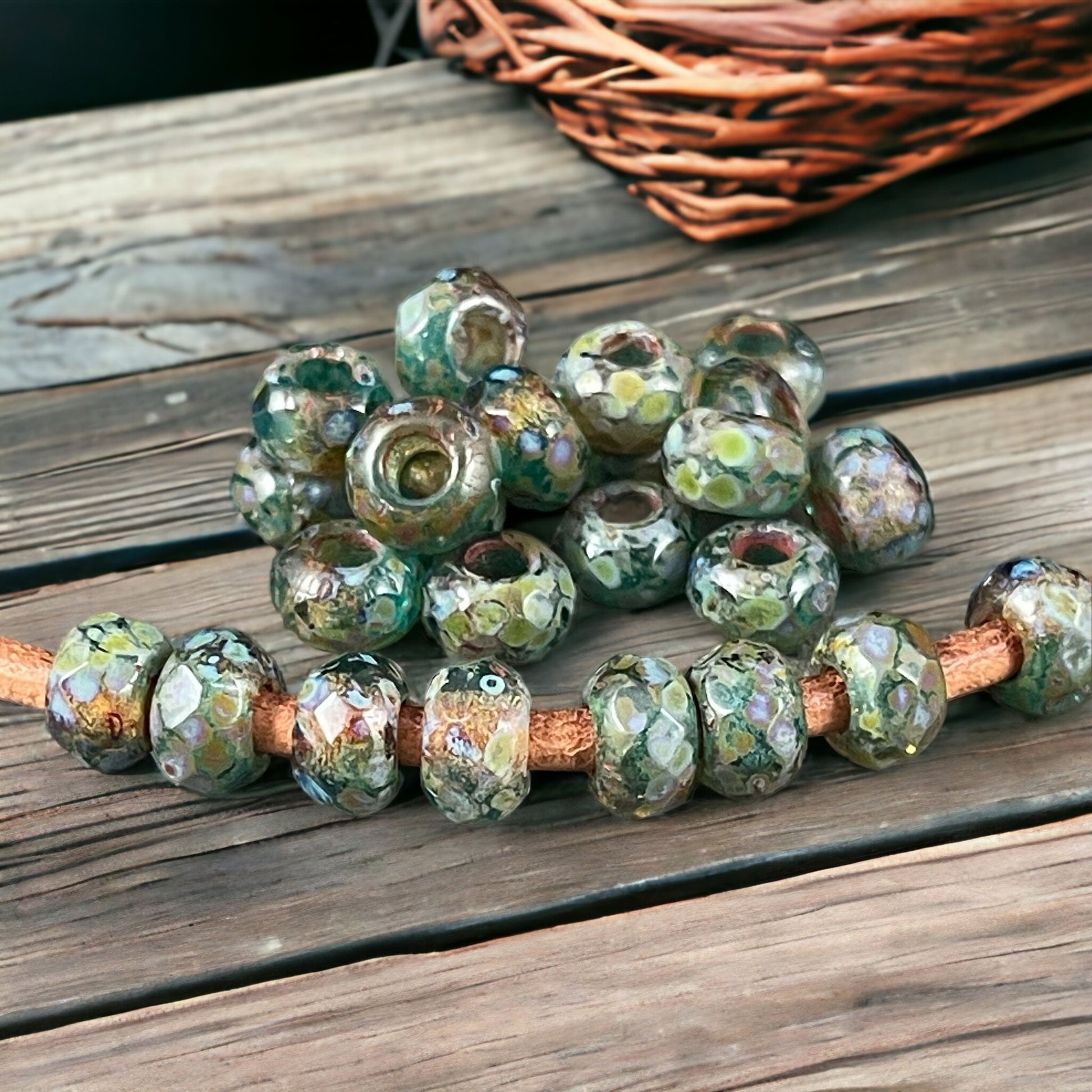 Czech Glass Beads - 9x6mm Roller Beads with 3.5mm hole - Green Picasso Beads (ROL/N-1061) * Qty. 12