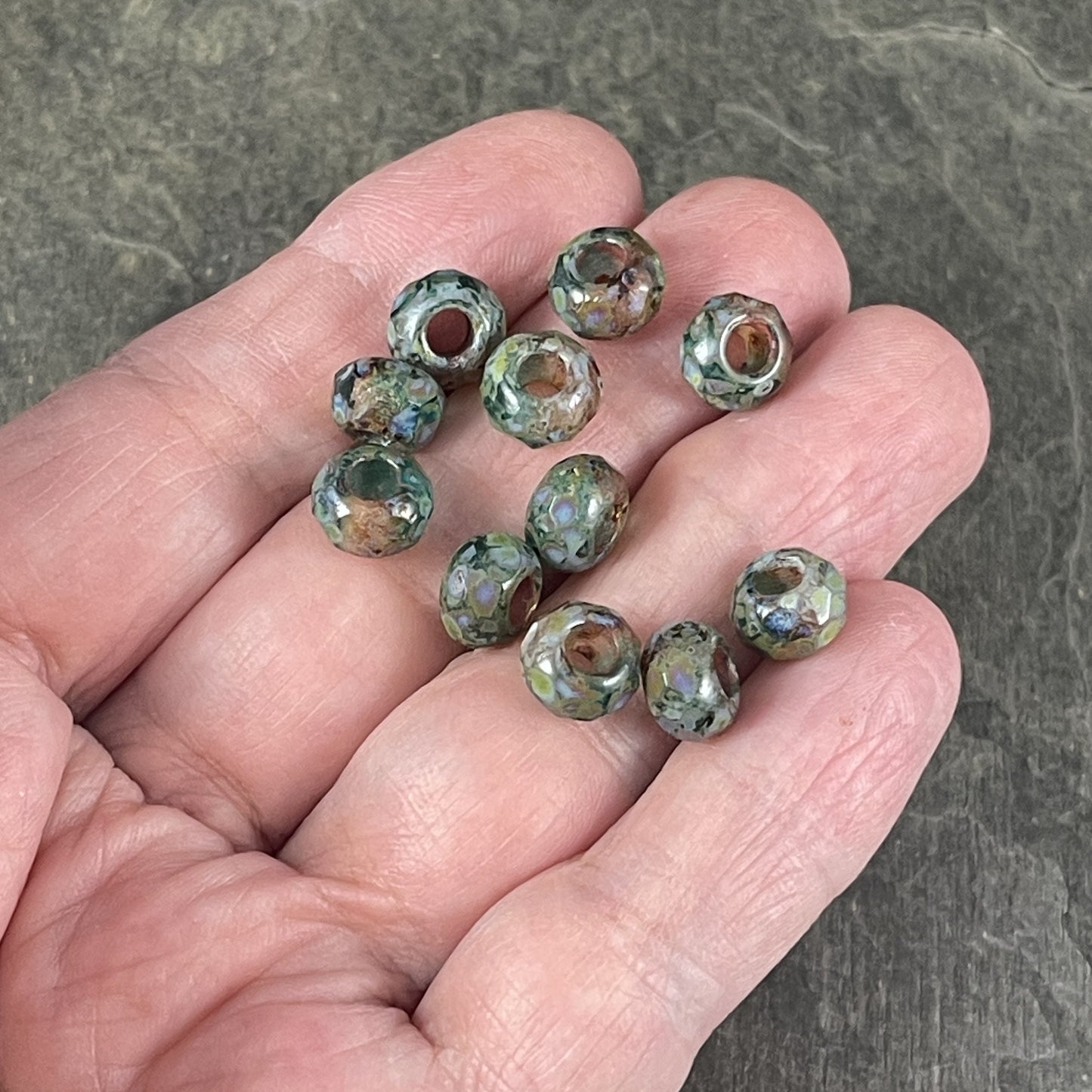 Czech Glass Beads - 9x6mm Roller Beads with 3.5mm hole - Green Picasso Beads (ROL/N-1061) * Qty. 12