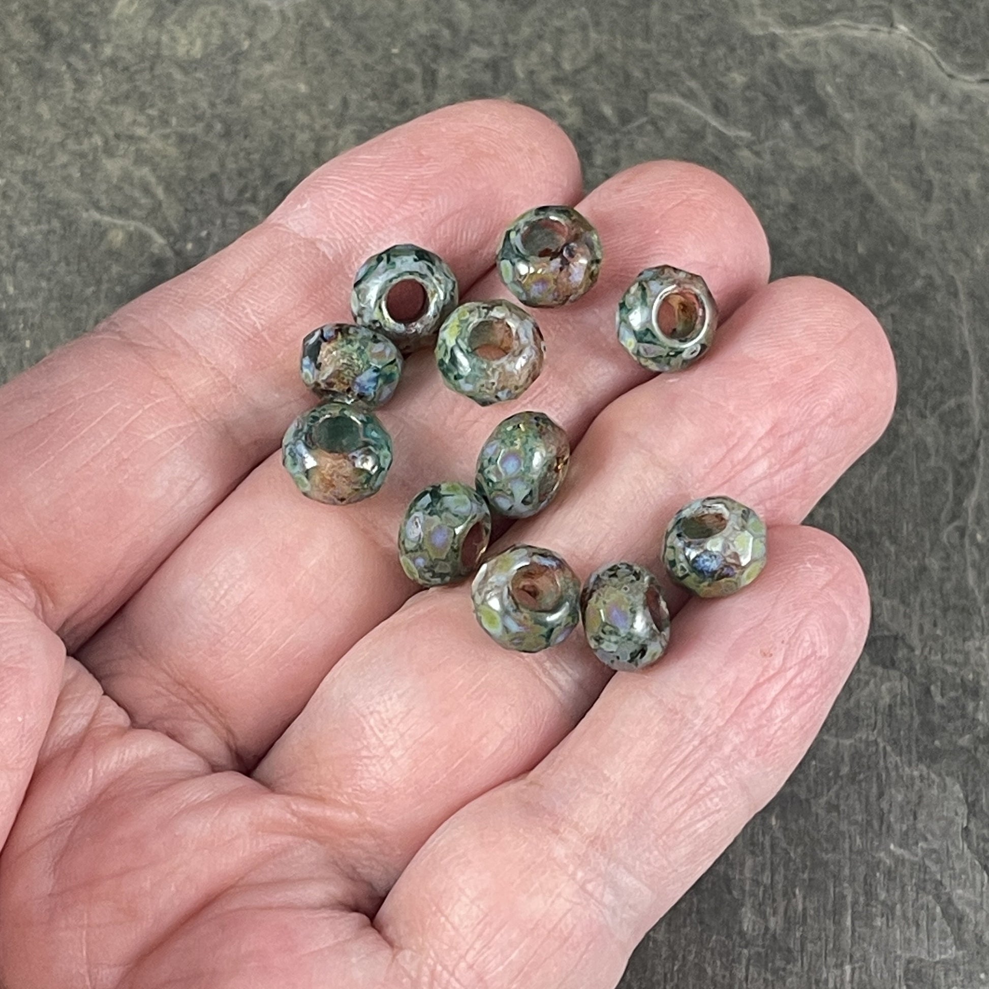 Czech Glass Beads - 9x6mm Roller Beads with 3.5mm hole - Green Picasso Beads (ROL/N-1061) * Qty. 12