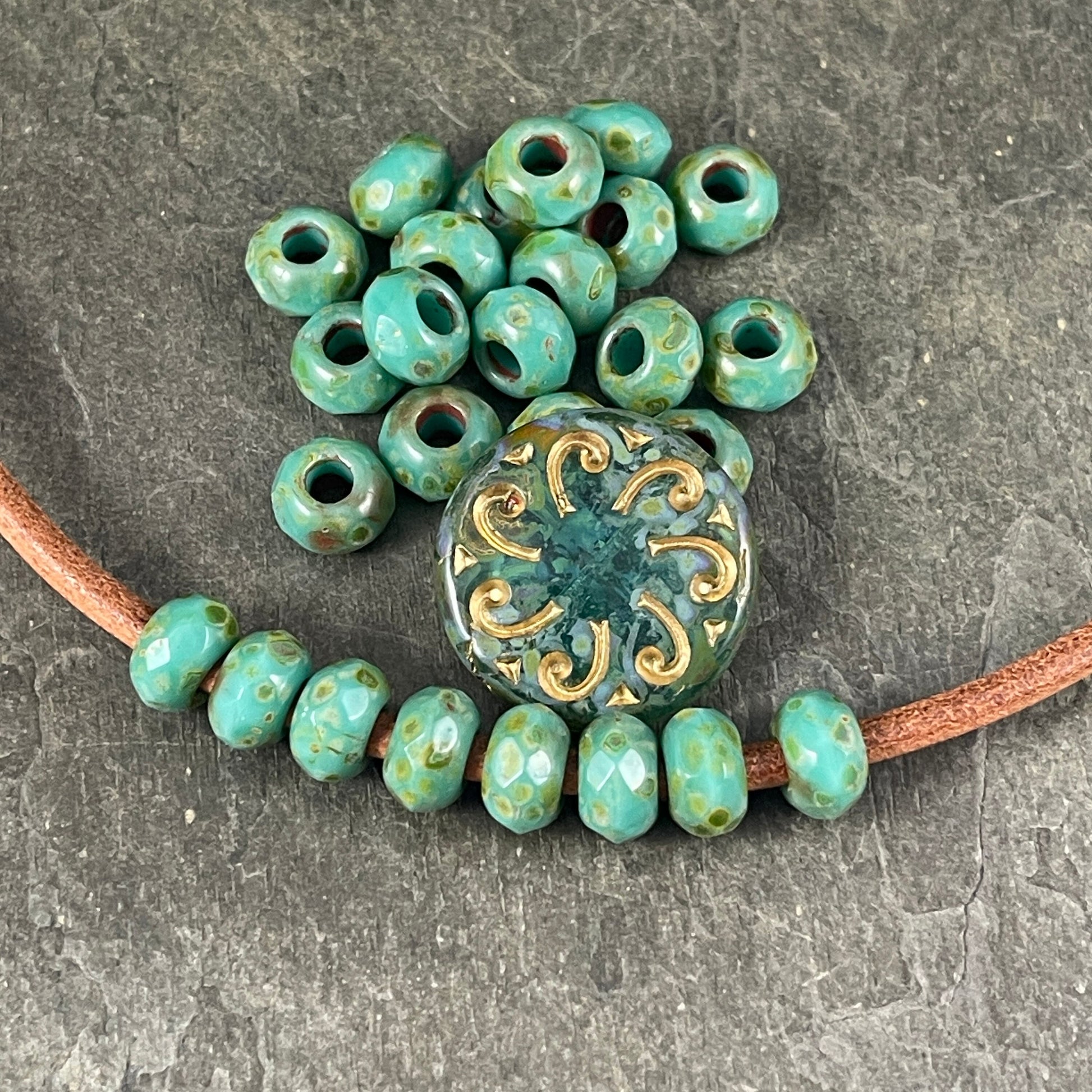 Large Hole Rondelles ~ 9x6mm Roller Beads with 3.5mm hole ~ Czech Glass Beads - Tea Green Turquoise Picasso Beads (ROL/N-0634) * Qty. 10