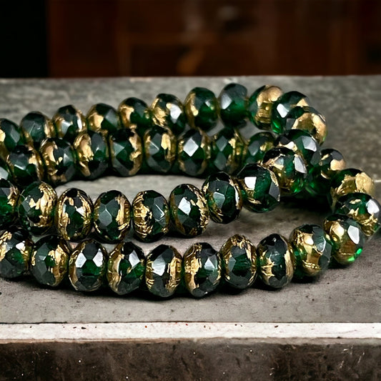 Czech Glass Beads - 3x5mm Faceted Rondelle, Emerald Green with Bronze Picasso (R5/N-0416) * Qty. 30