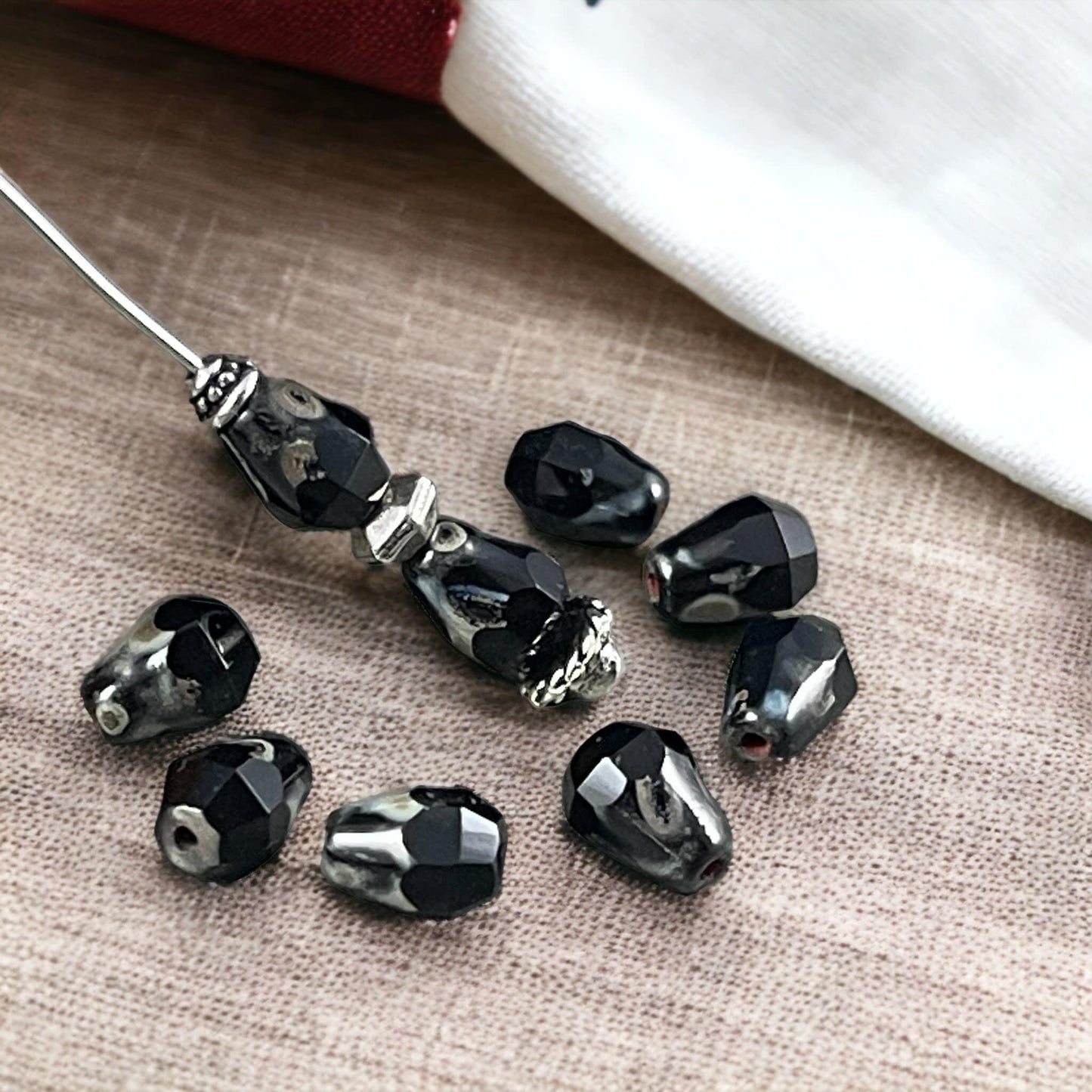 Czech Glass Beads - 8mm Black Picasso Faceted Drops, Jet Black Teardrop with Picasso (DRO/RJ-2364) * Qty. 15