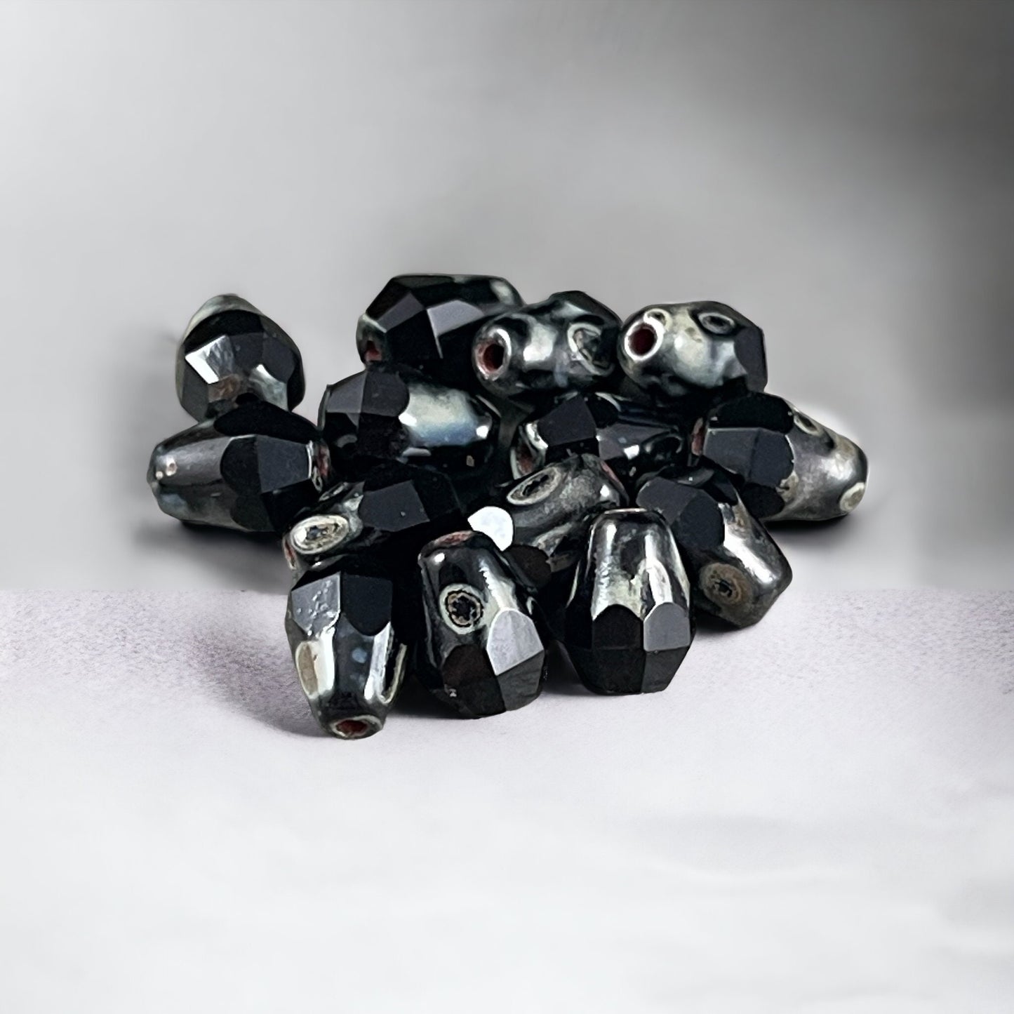 Czech Glass Beads - 8mm Black Picasso Faceted Drops, Jet Black Teardrop with Picasso (DRO/RJ-2364) * Qty. 15