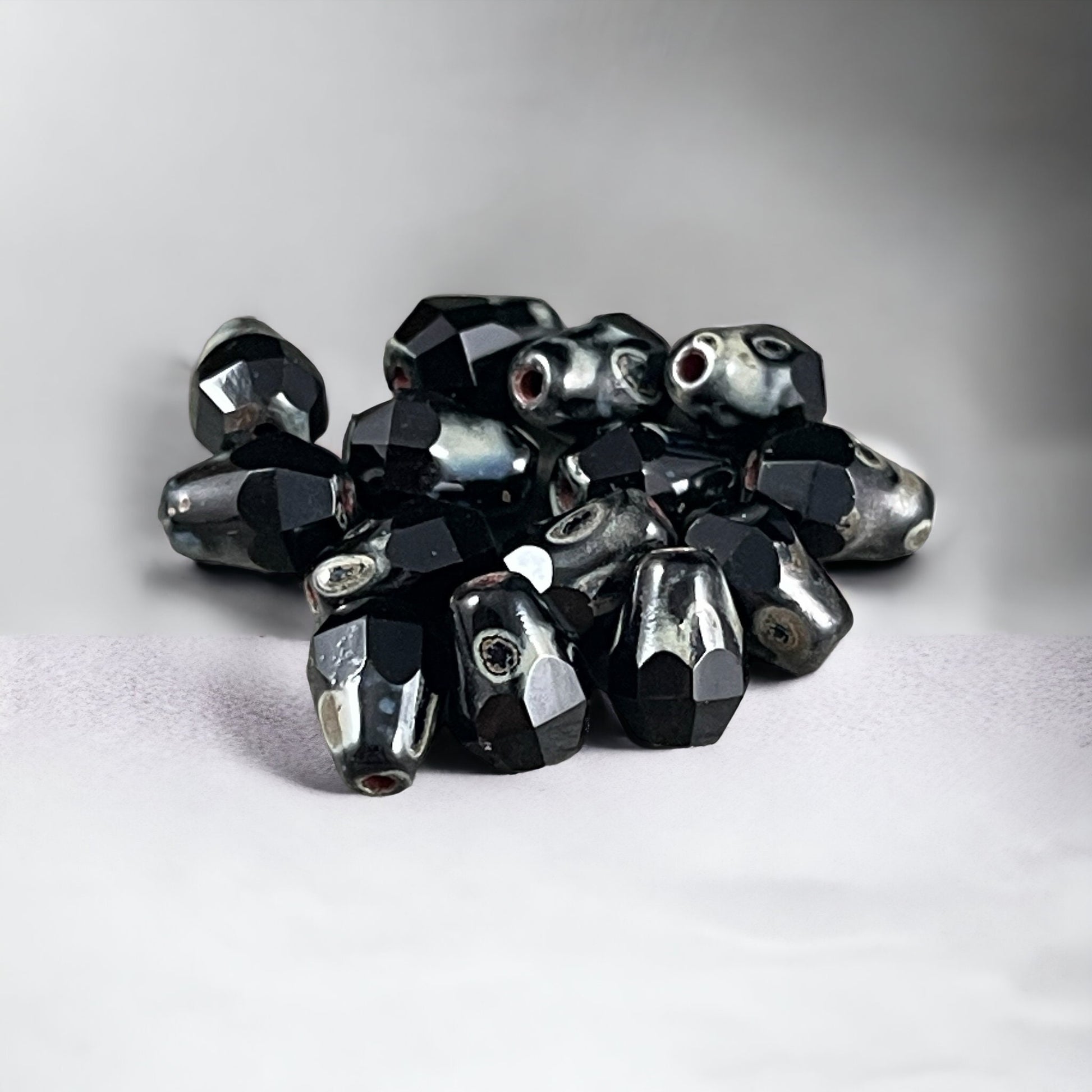 Czech Glass Beads - 8mm Black Picasso Faceted Drops, Jet Black Teardrop with Picasso (DRO/RJ-2364) * Qty. 15