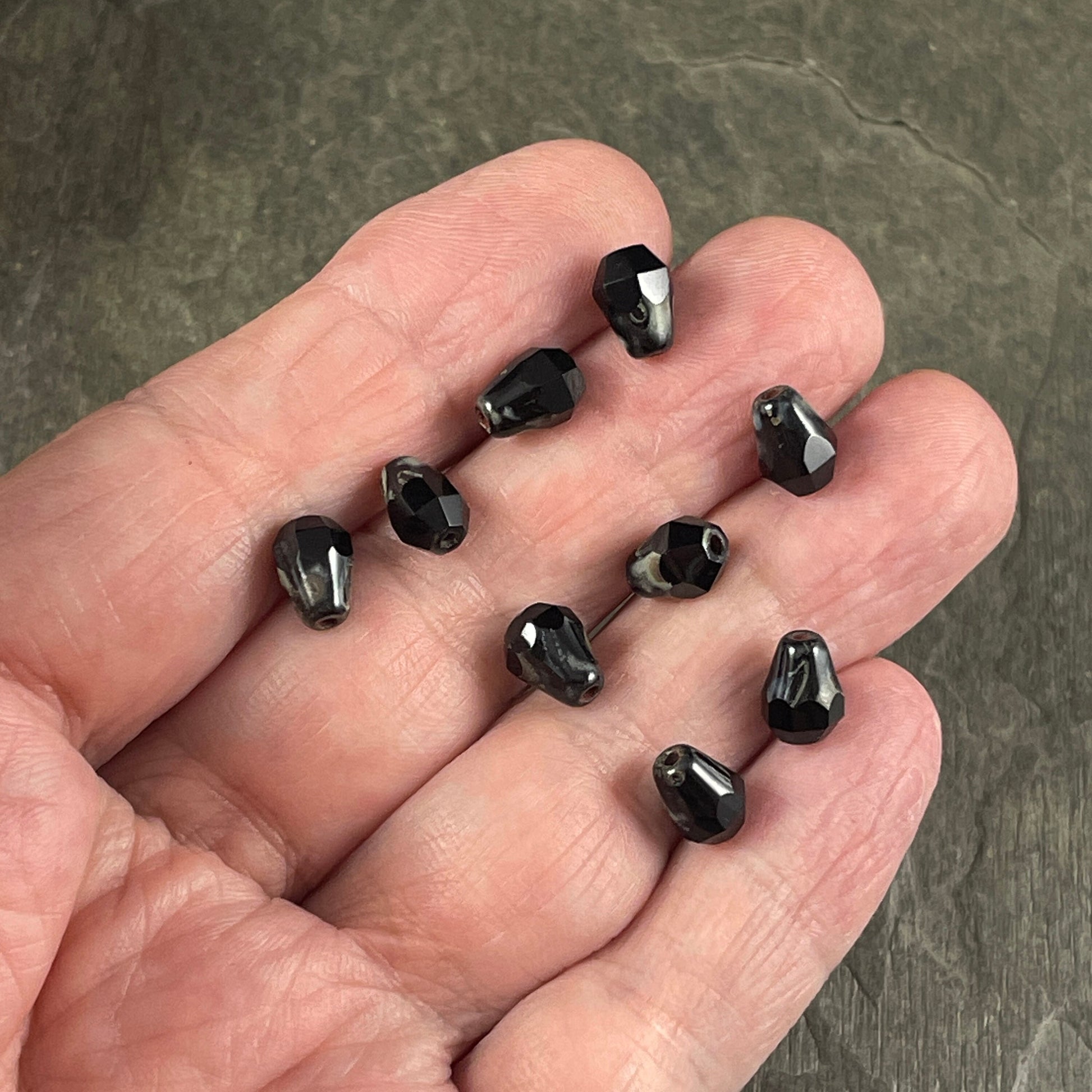 Czech Glass Beads - 8mm Black Picasso Faceted Drops, Jet Black Teardrop with Picasso (DRO/RJ-2364) * Qty. 15