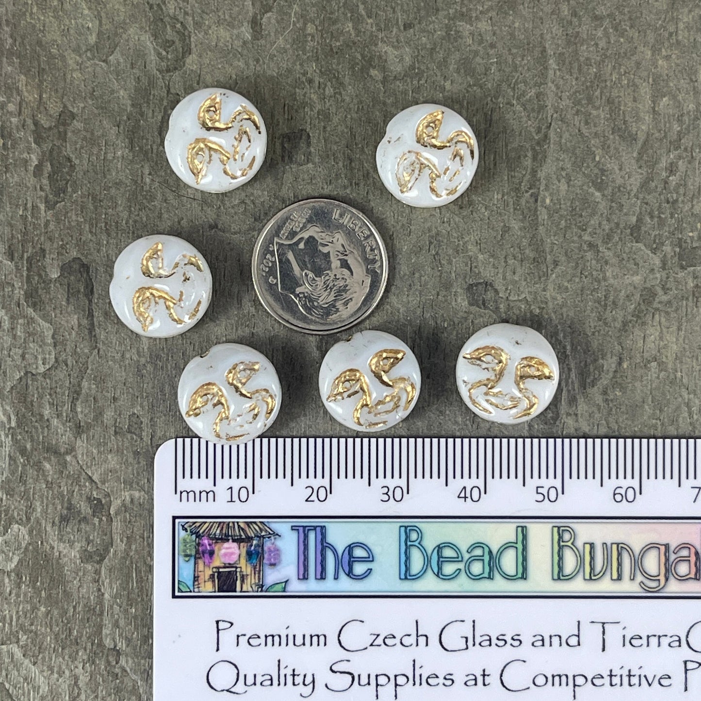 Czech Glass Moon Face Beads, Opaque White with Gold Wash (MOON/RJ-4739) * Qty. 6
